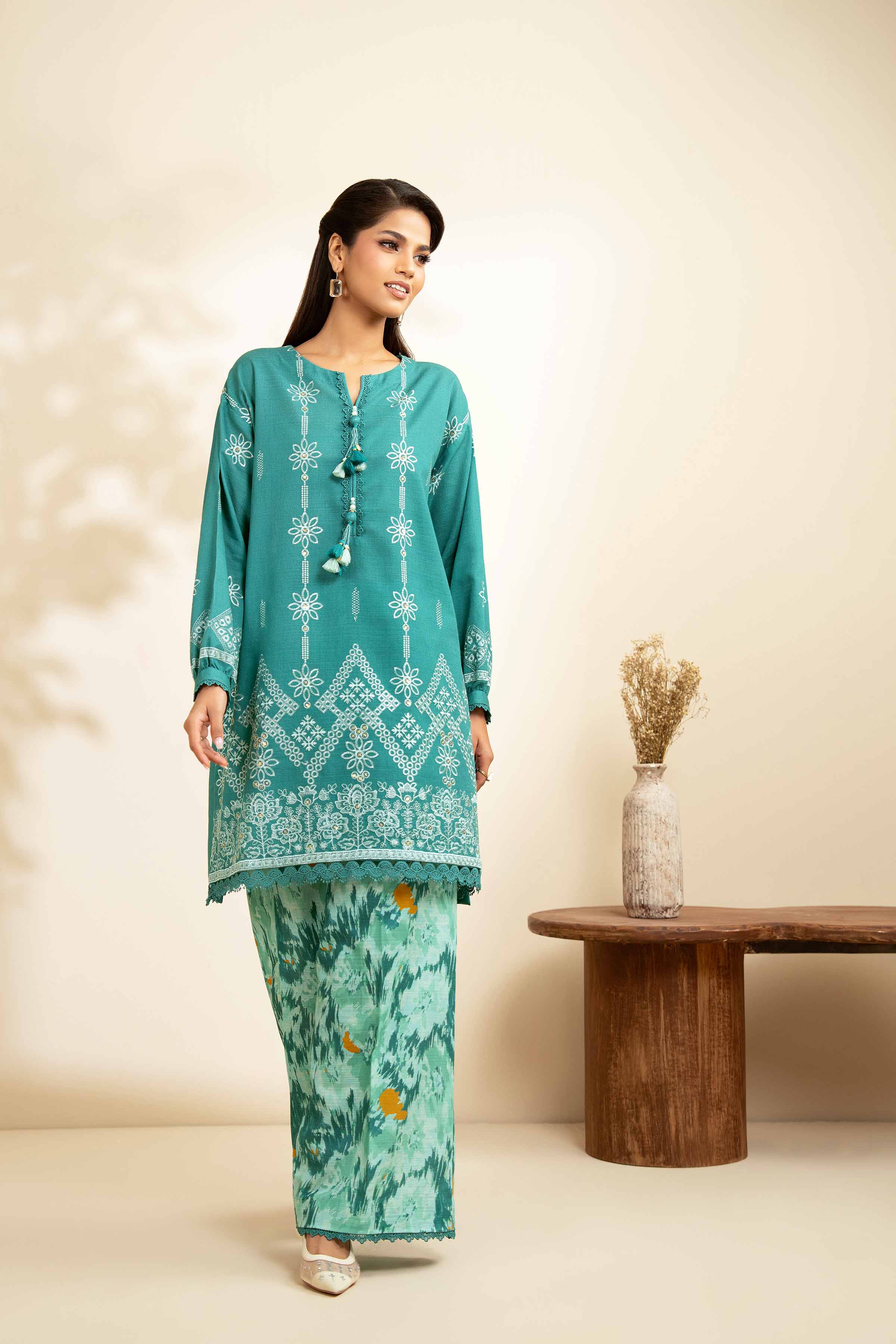 NISHATUAE - Aqua Embroidered Khaddar 2-piece Unstitched Dress