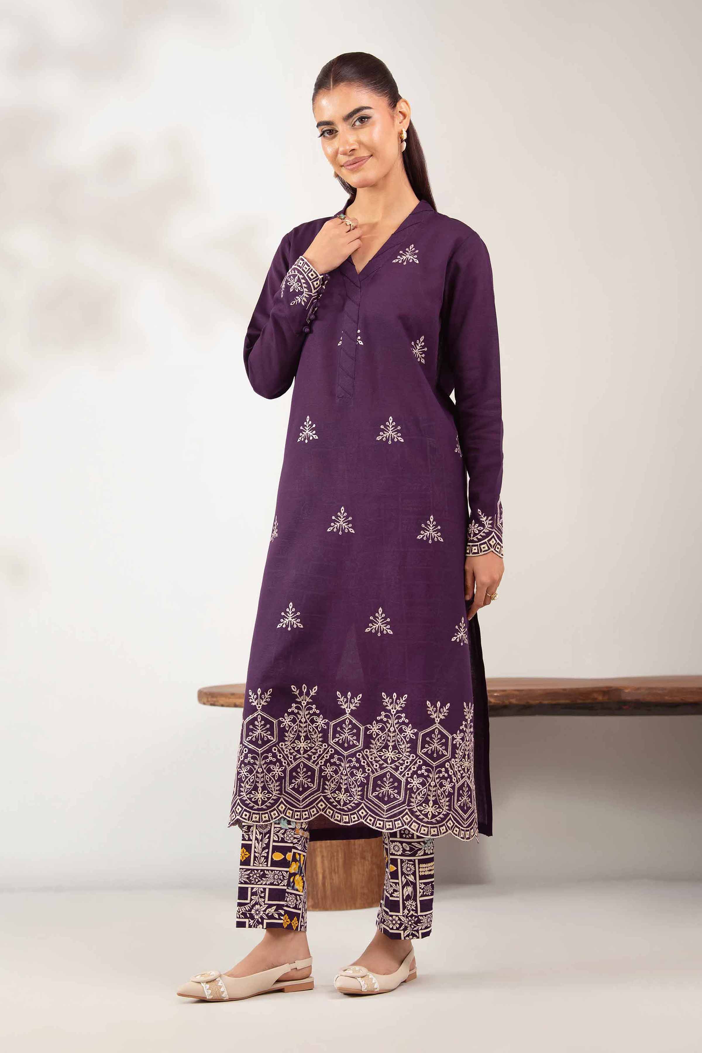 NISHATUAE - Purple Embroidered Khaddar 2-piece Unstitched Dress