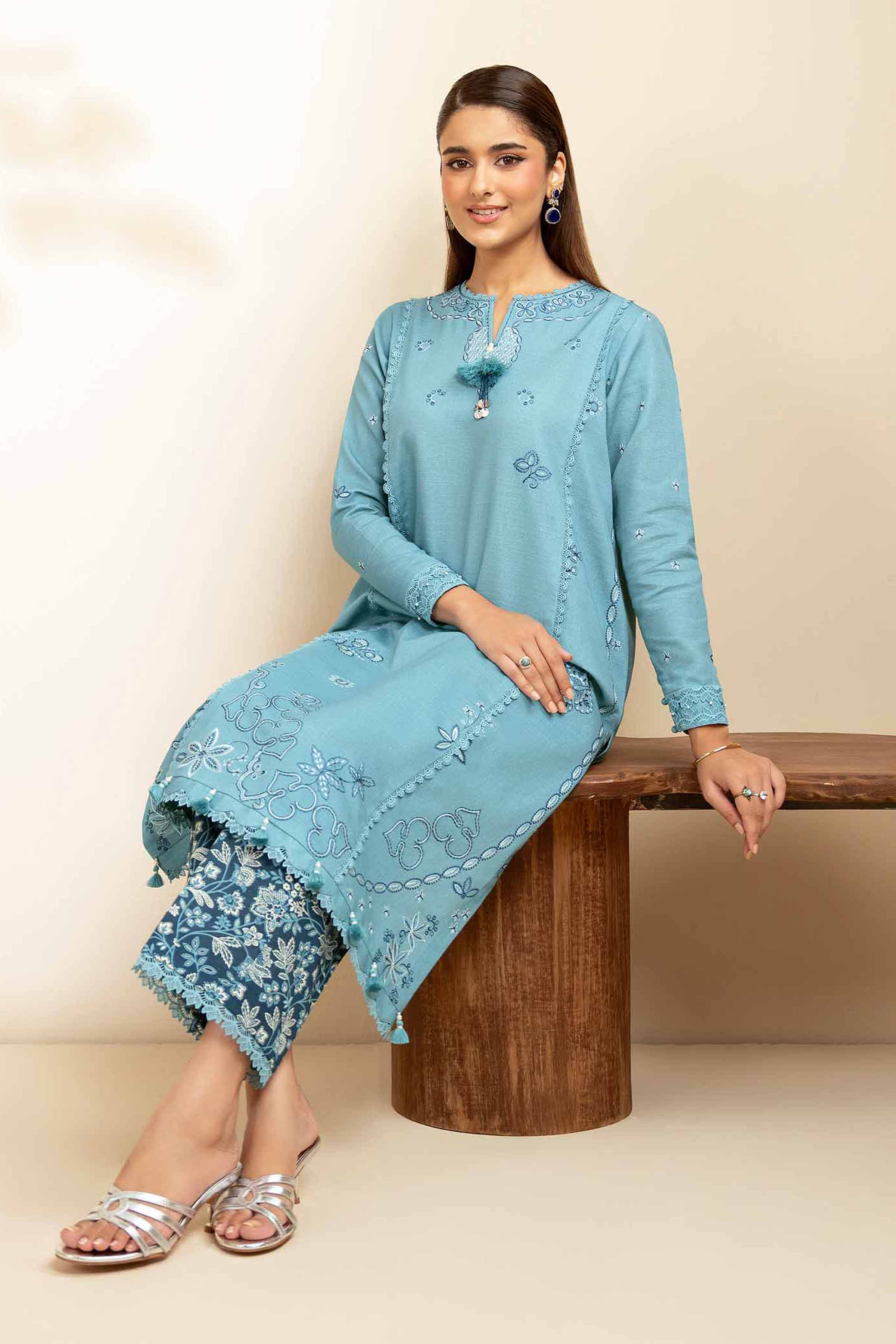 NISHATUAE - Seafoam Embroidered Khaddar 2-piece Unstitched Dress