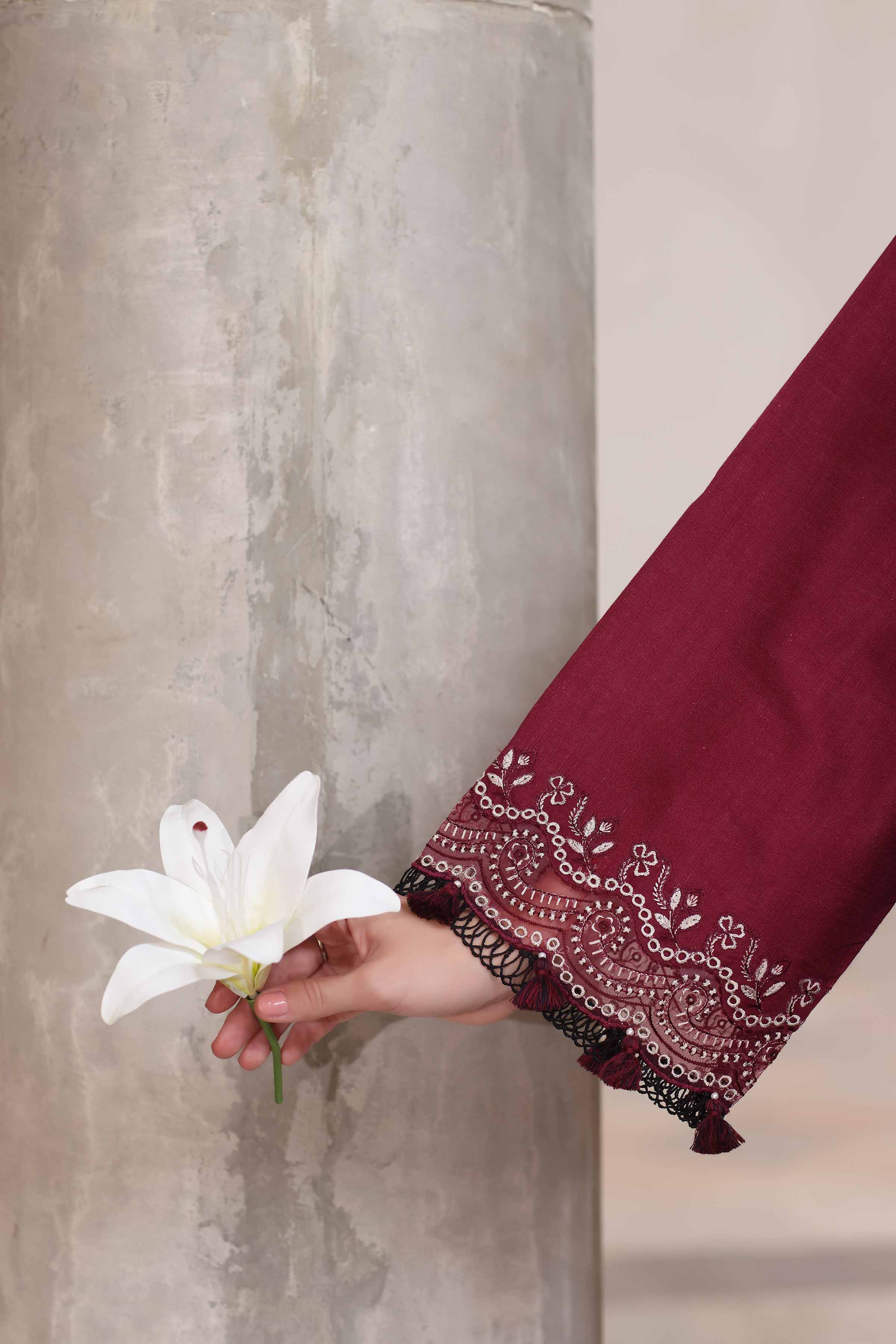 NISHATUAE - Maroon Embroidered Khaddar 2-piece Unstitched Dress