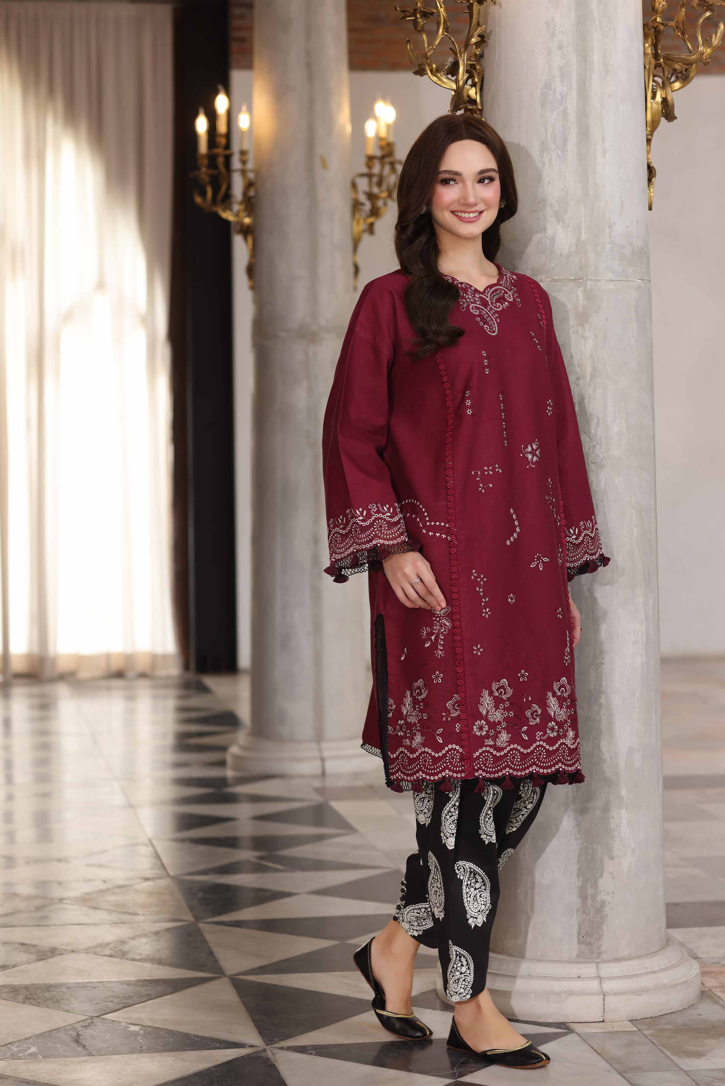 NISHATUAE - Maroon Embroidered Khaddar 2-piece Unstitched Dress