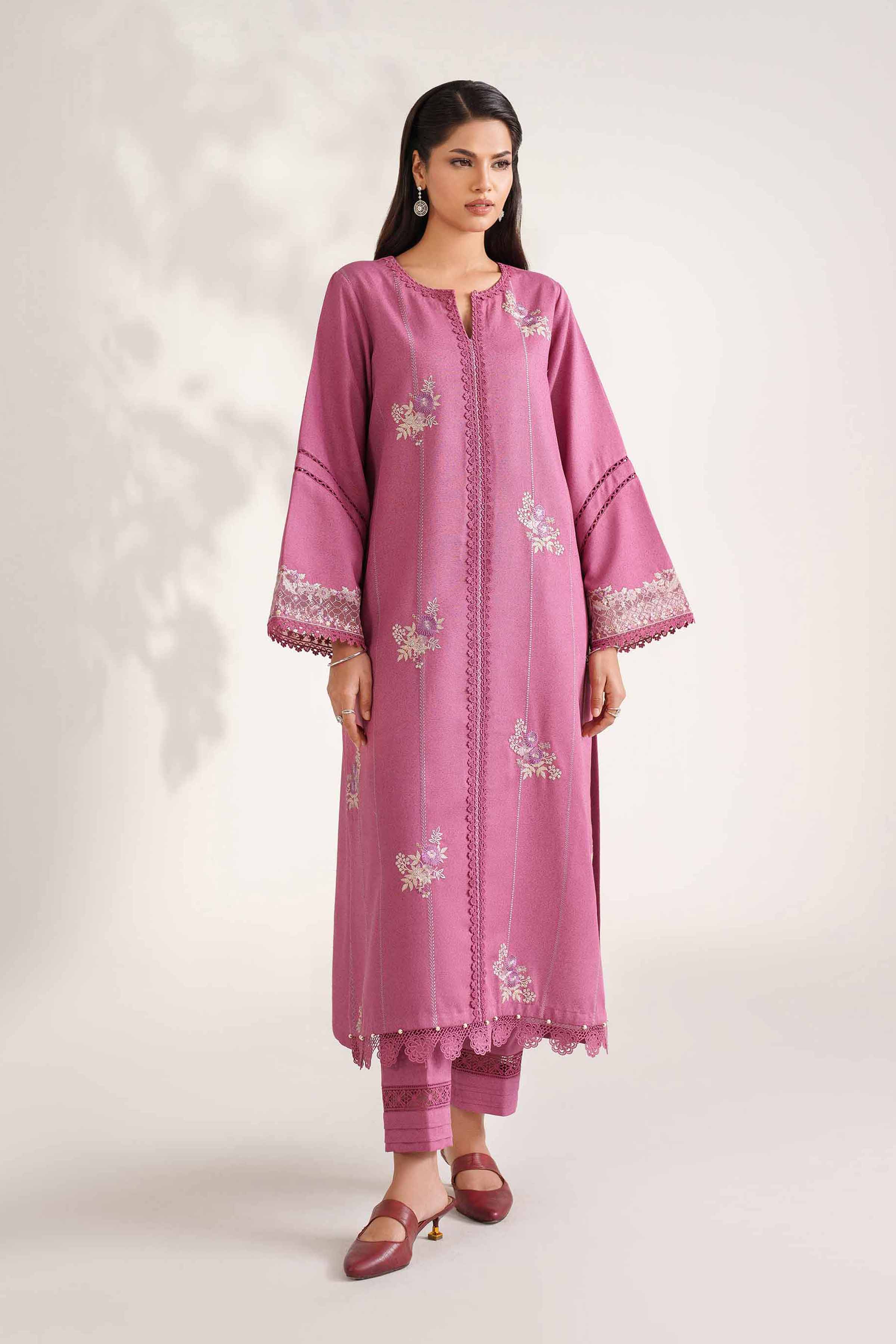 NISHATUAE - Pink Embroidered Karandi 2-piece Unstitched Dress