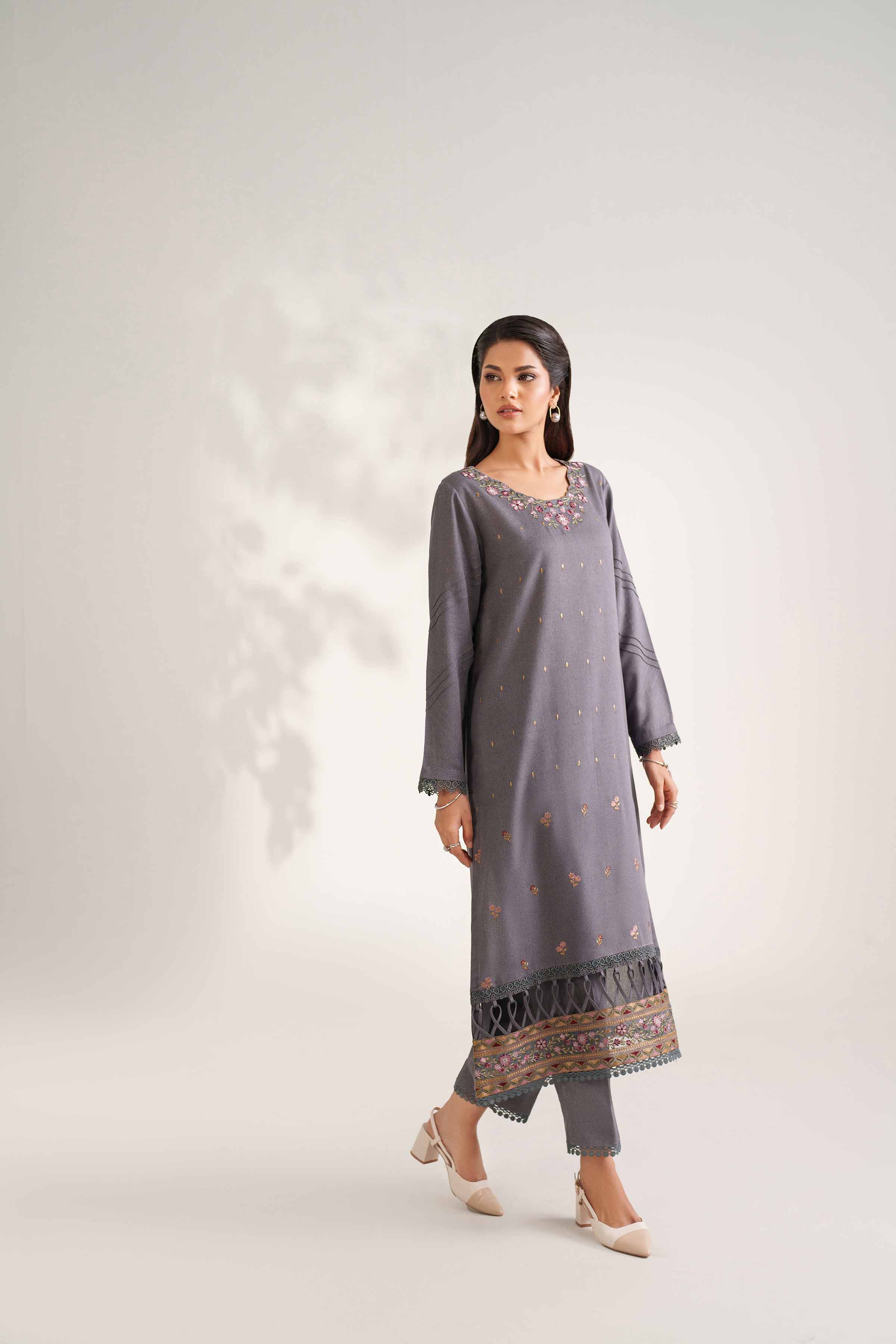 NISHATUAE - Grey Embroidered Karandi 2-piece Unstitched Dress
