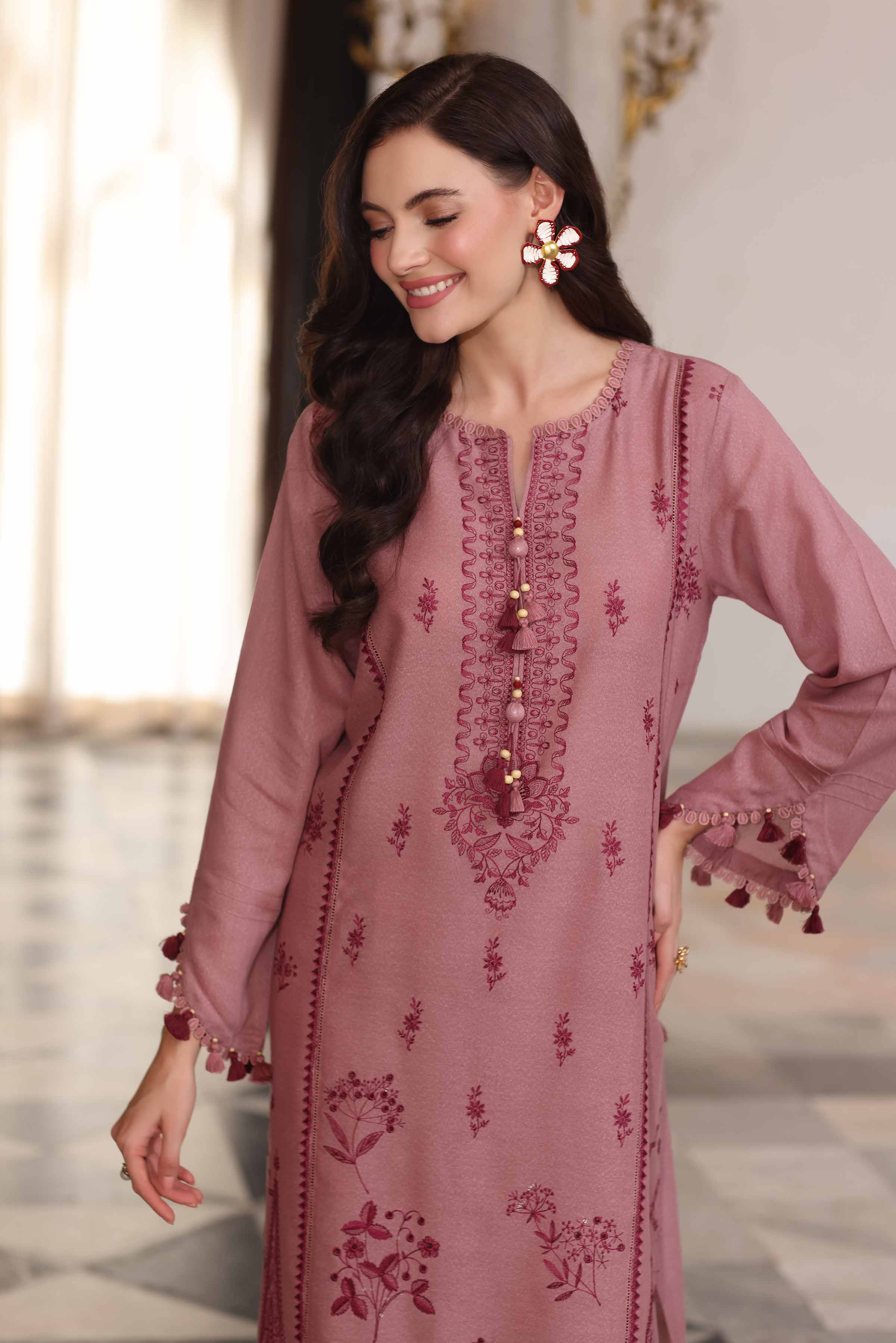 NISHATUAE - Pink Embroidered Karandi 2-piece Unstitched Dress