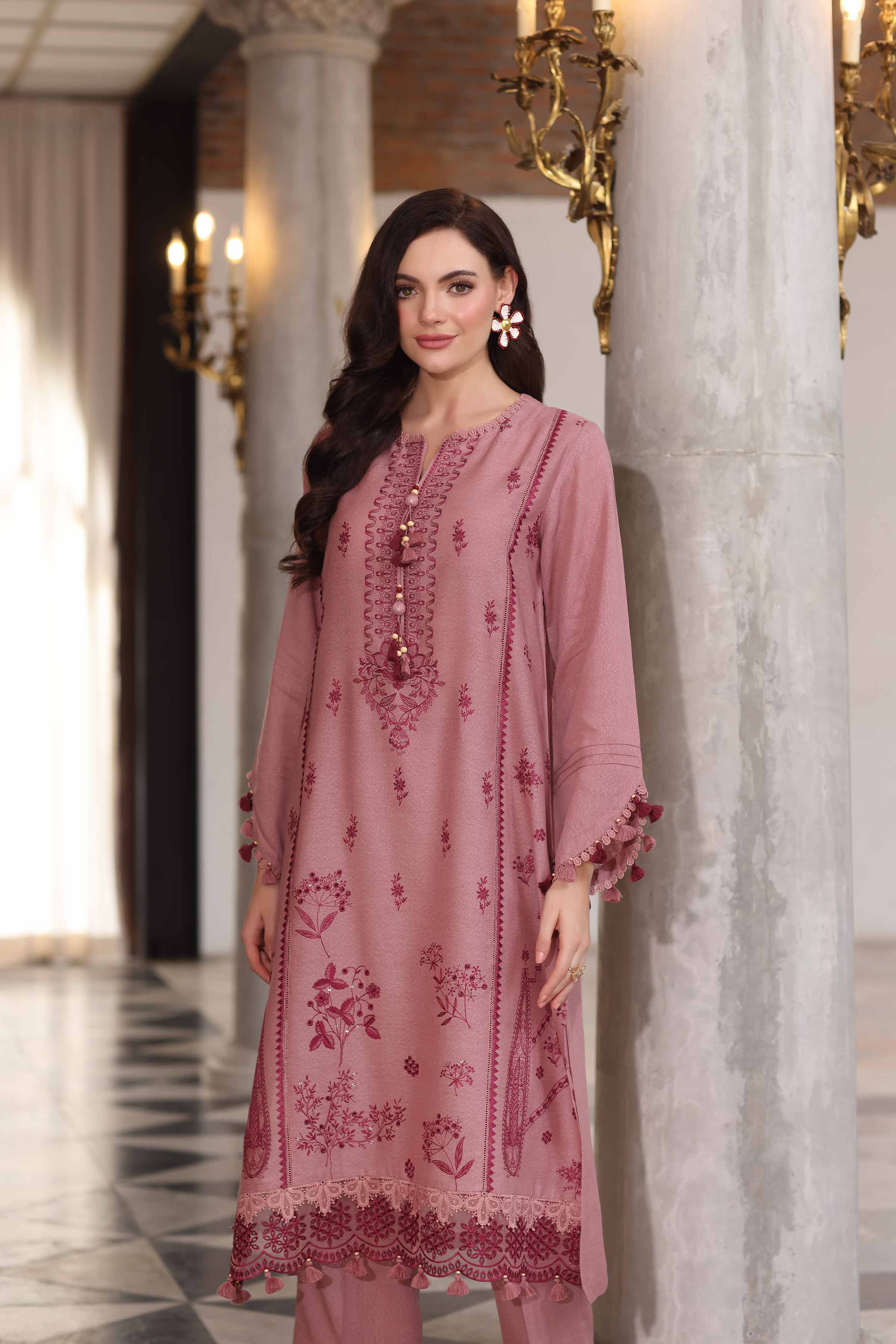 NISHATUAE - Pink Embroidered Karandi 2-piece Unstitched Dress