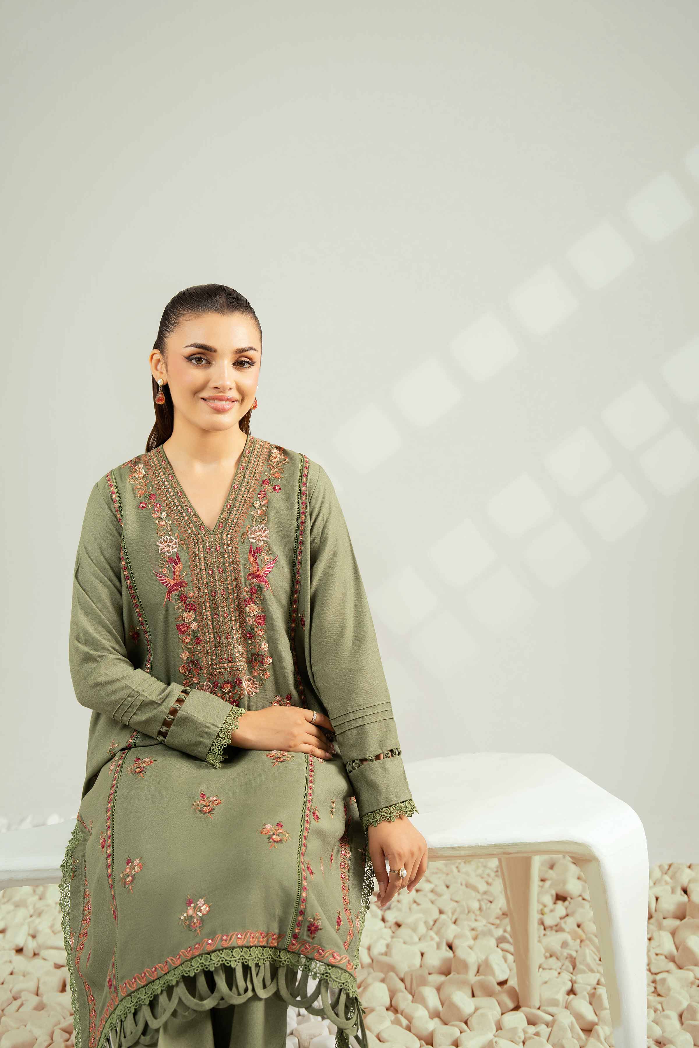 NISHATUAE - Green Embroidered Karandi 2-piece Unstitched Dress