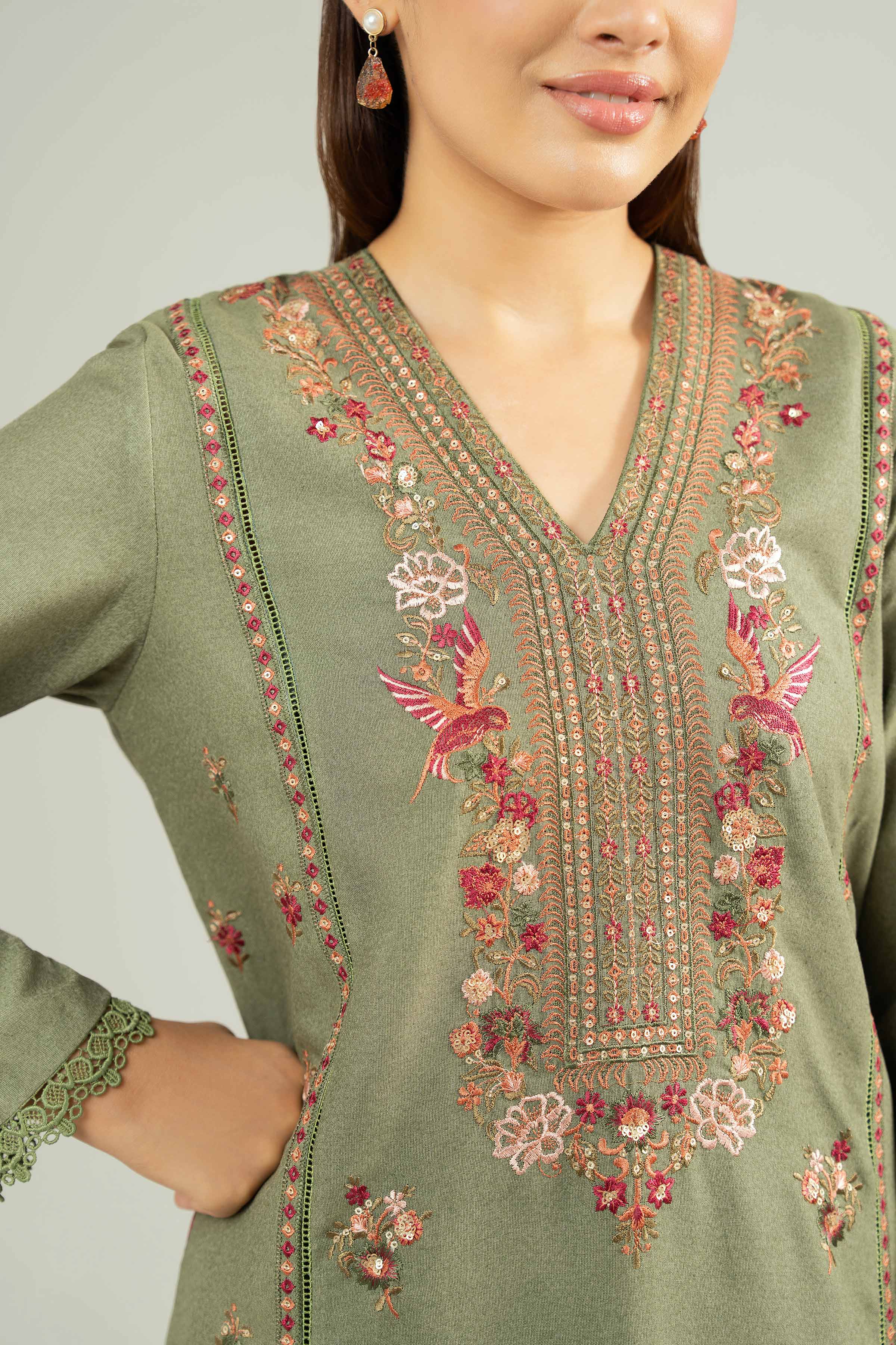 NISHATUAE - Green Embroidered Karandi 2-piece Unstitched Dress