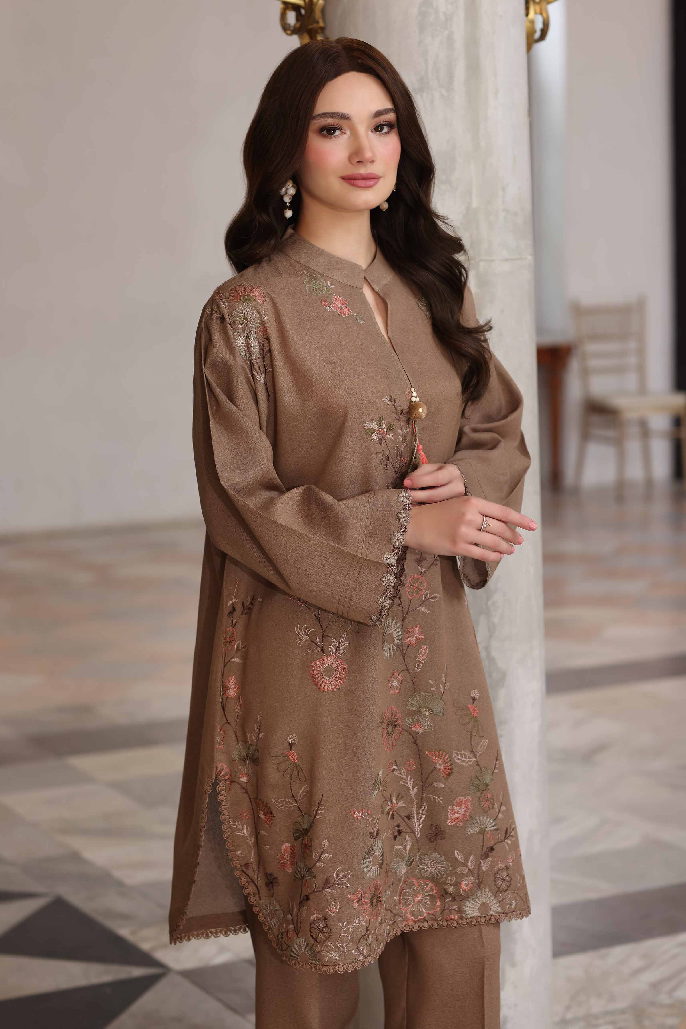 NISHATUAE - Beige Embroidered Karandi 2-piece Unstitched Dress