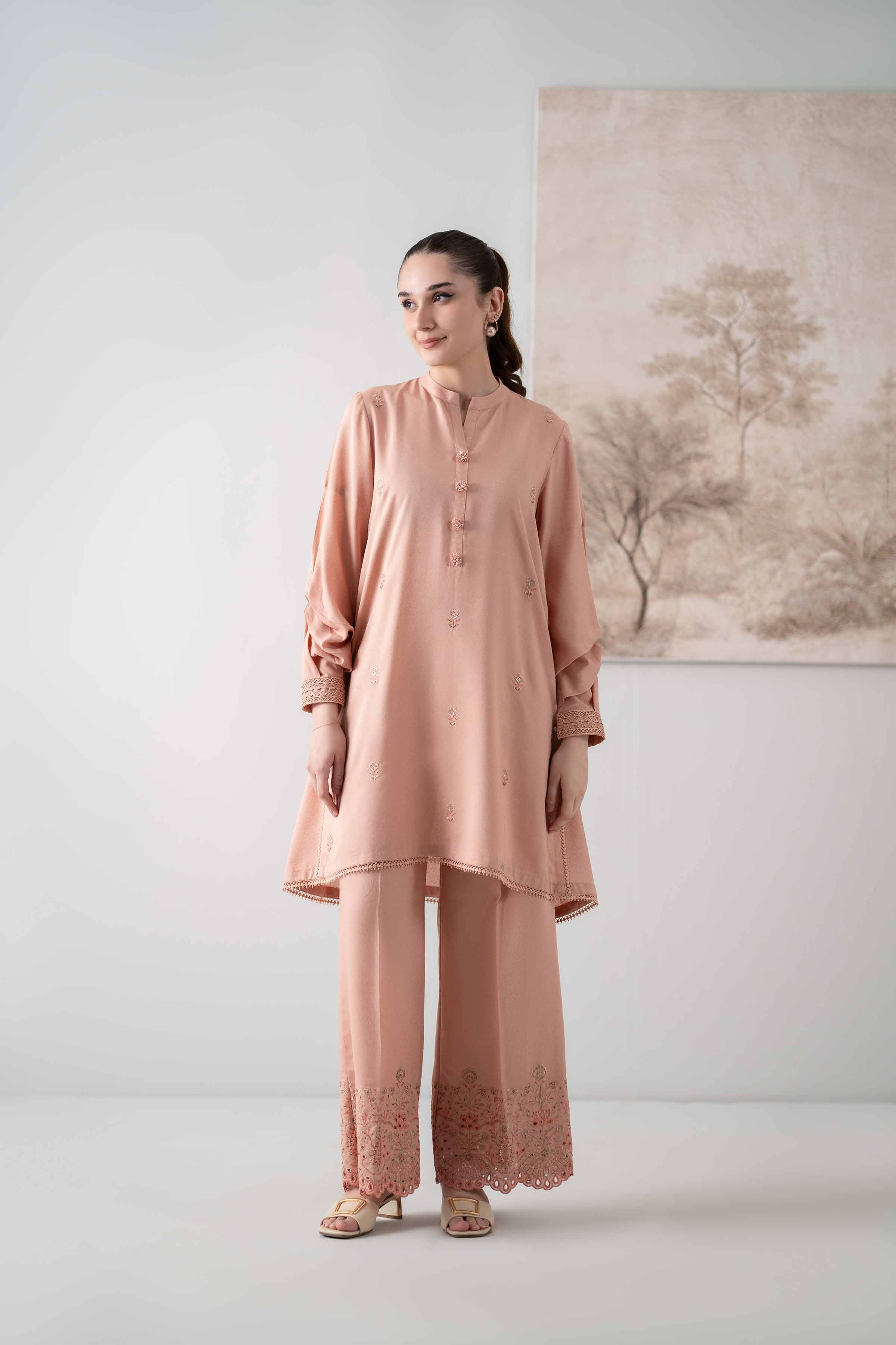 NISHATUAE - Light Peach & Purple Embroidered Karandi 2-piece Unstitched Dress