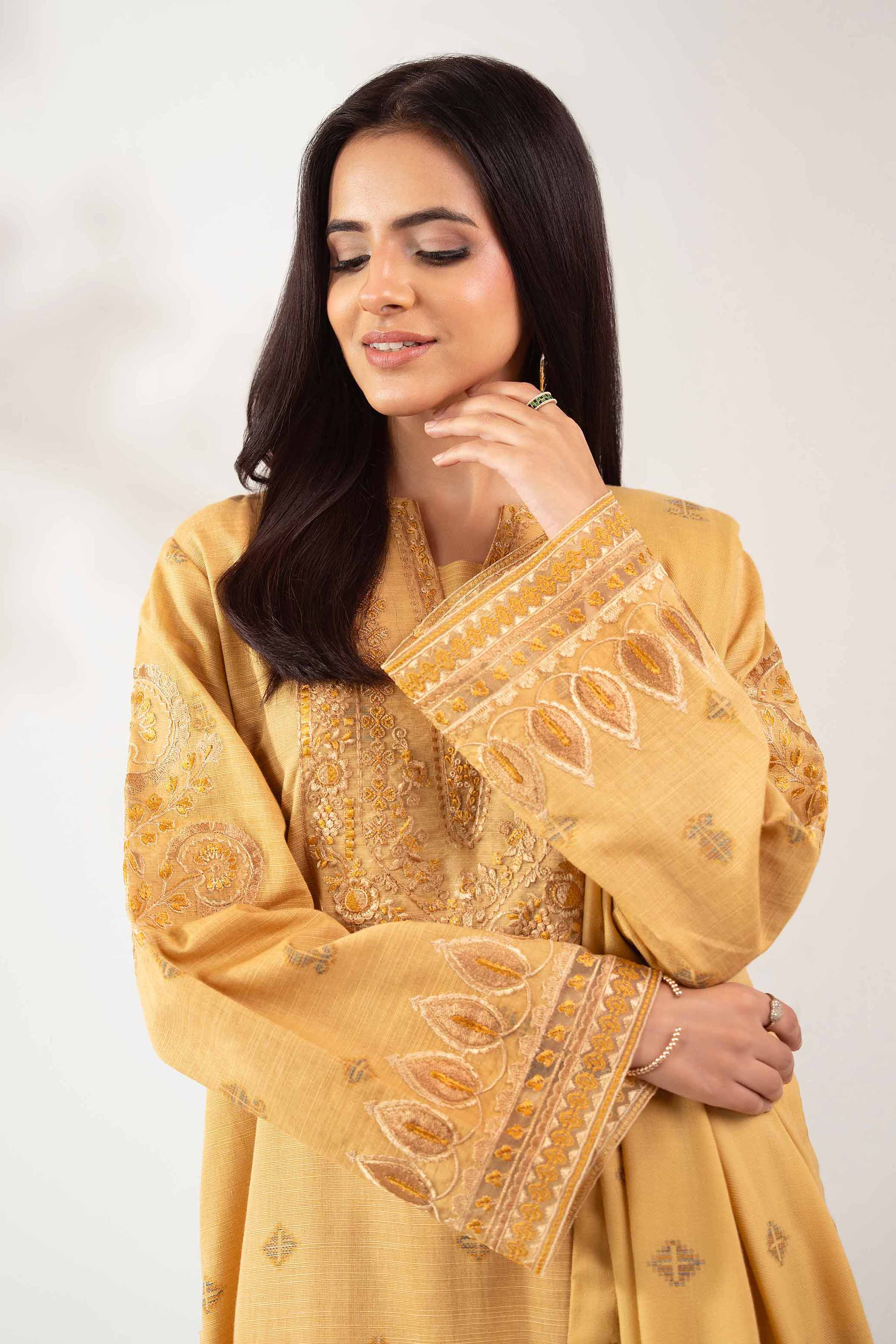 NISHATUAE - Mustard Embroidered Khaddar 3-piece Unstitched Suit