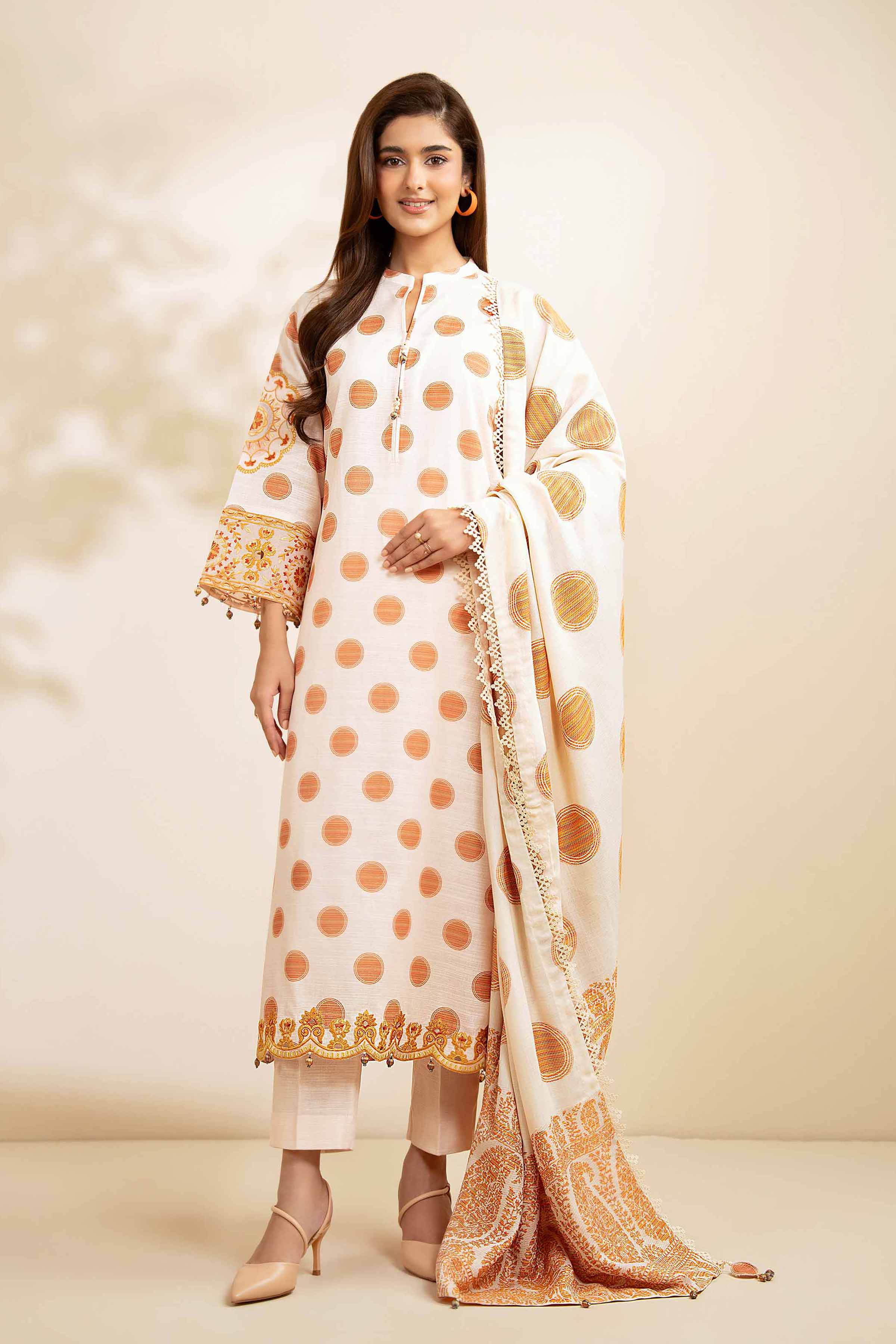 NISHATUAE - Peach Embroidered Khaddar 3-piece Unstitched Suit
