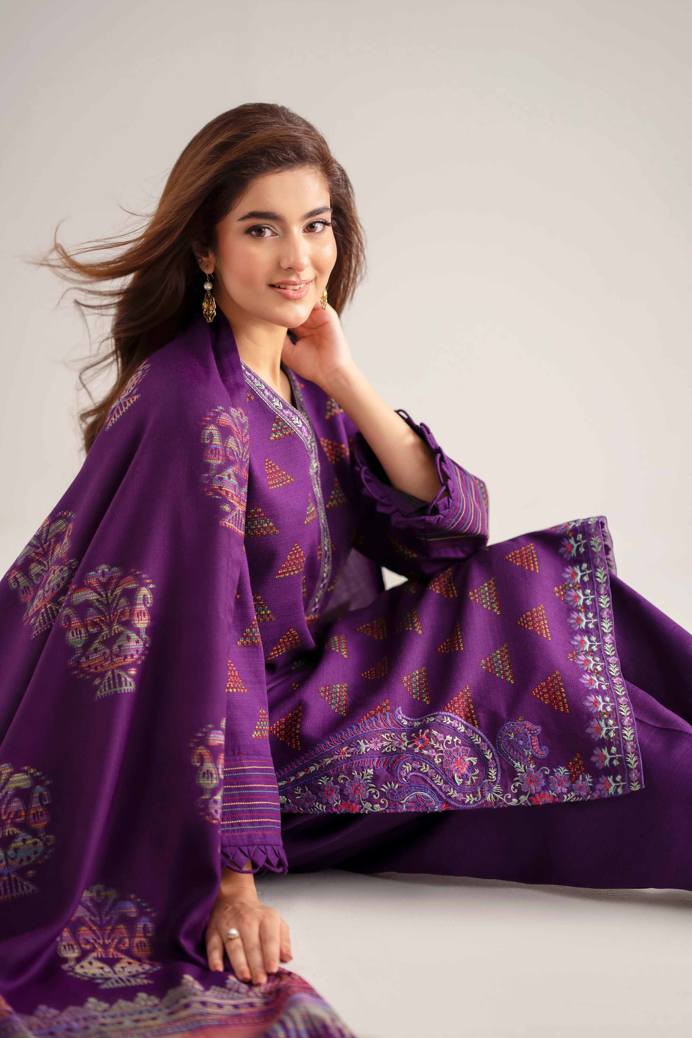 NISHATUAE - Purple Embroidered Khaddar 3-piece Unstitched Suit