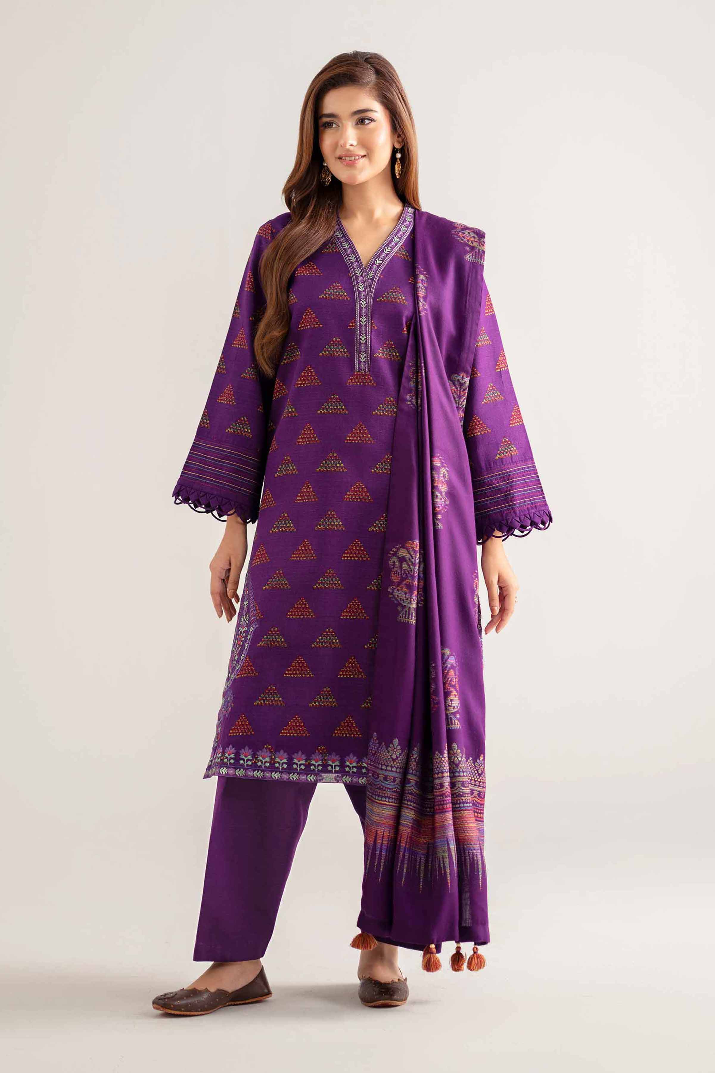 NISHATUAE - Purple Embroidered Khaddar 3-piece Unstitched Suit