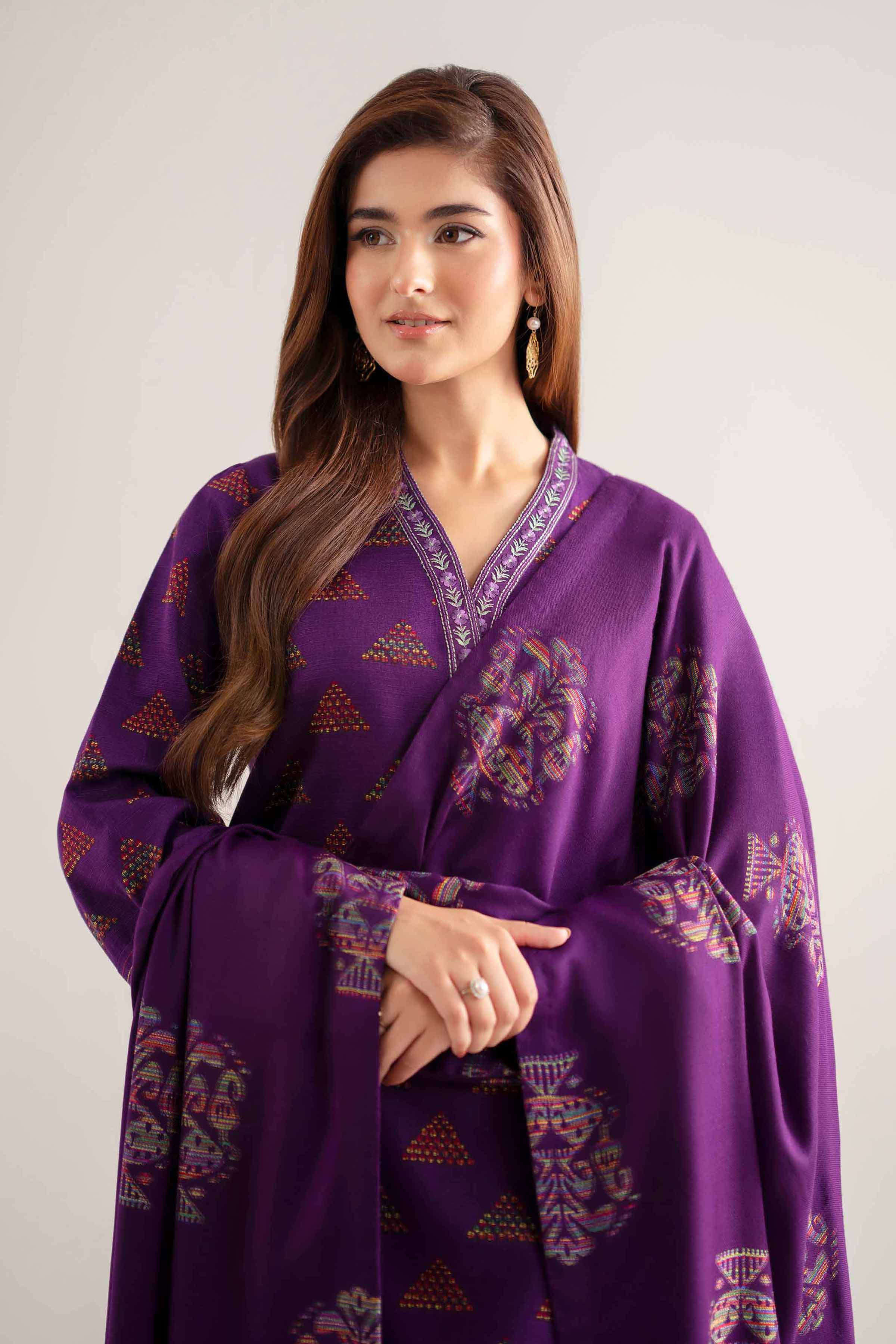 NISHATUAE - Purple Embroidered Khaddar 3-piece Unstitched Suit