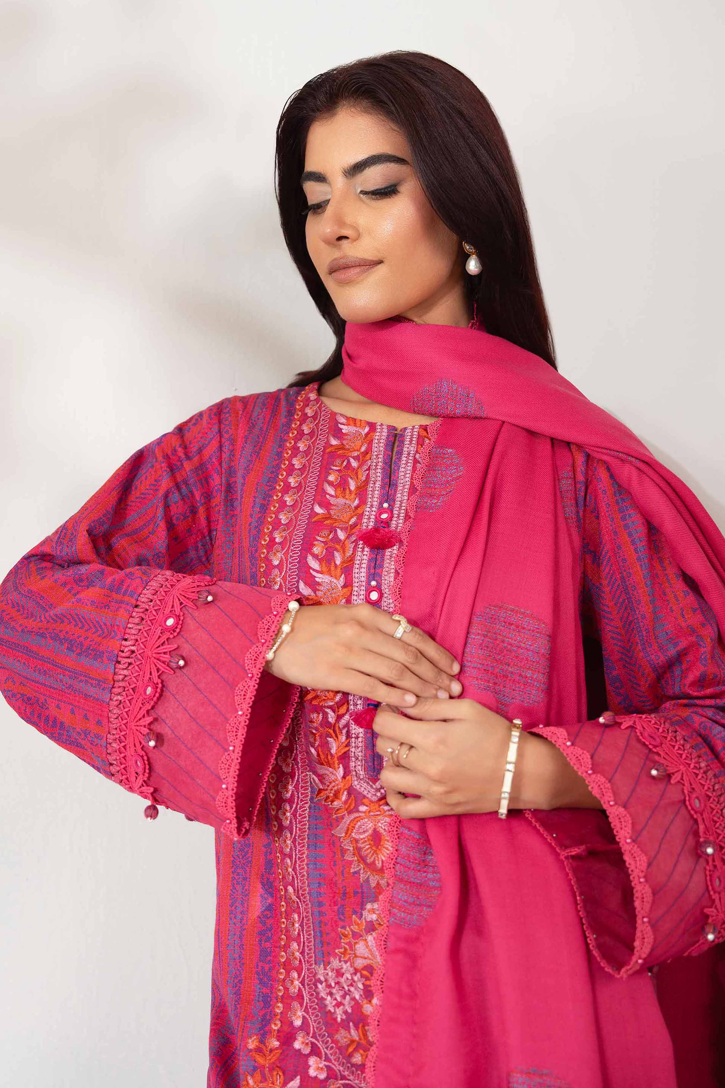 NISHATUAE - Pink Embroidered Khaddar 3-piece Unstitched Suit