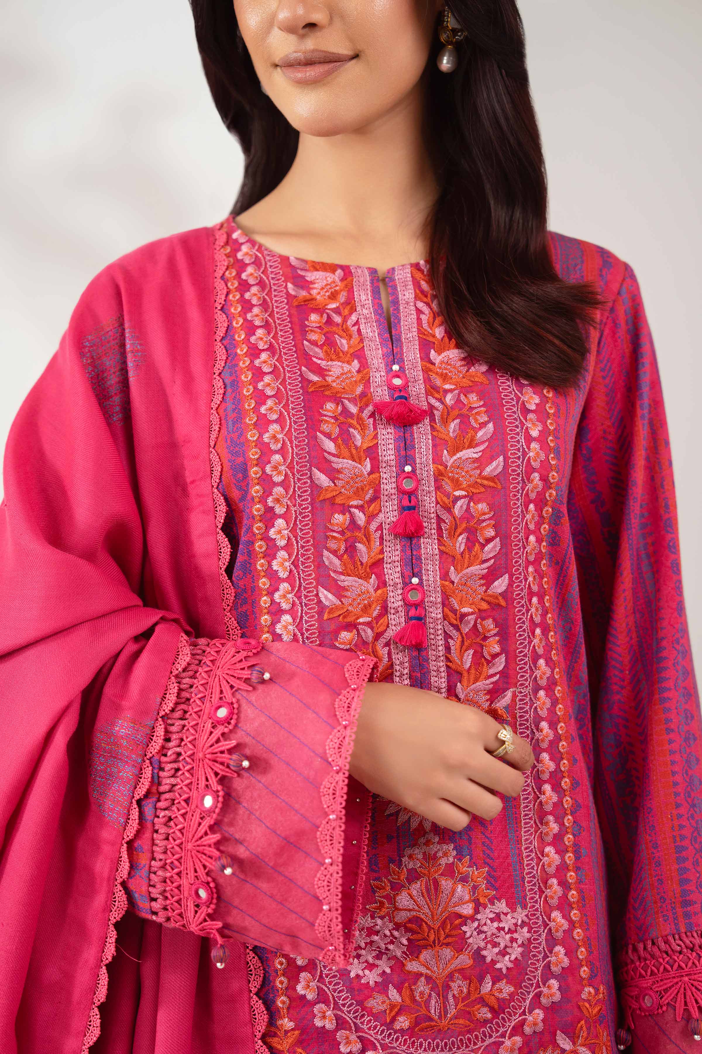 NISHATUAE - Pink Embroidered Khaddar 3-piece Unstitched Suit