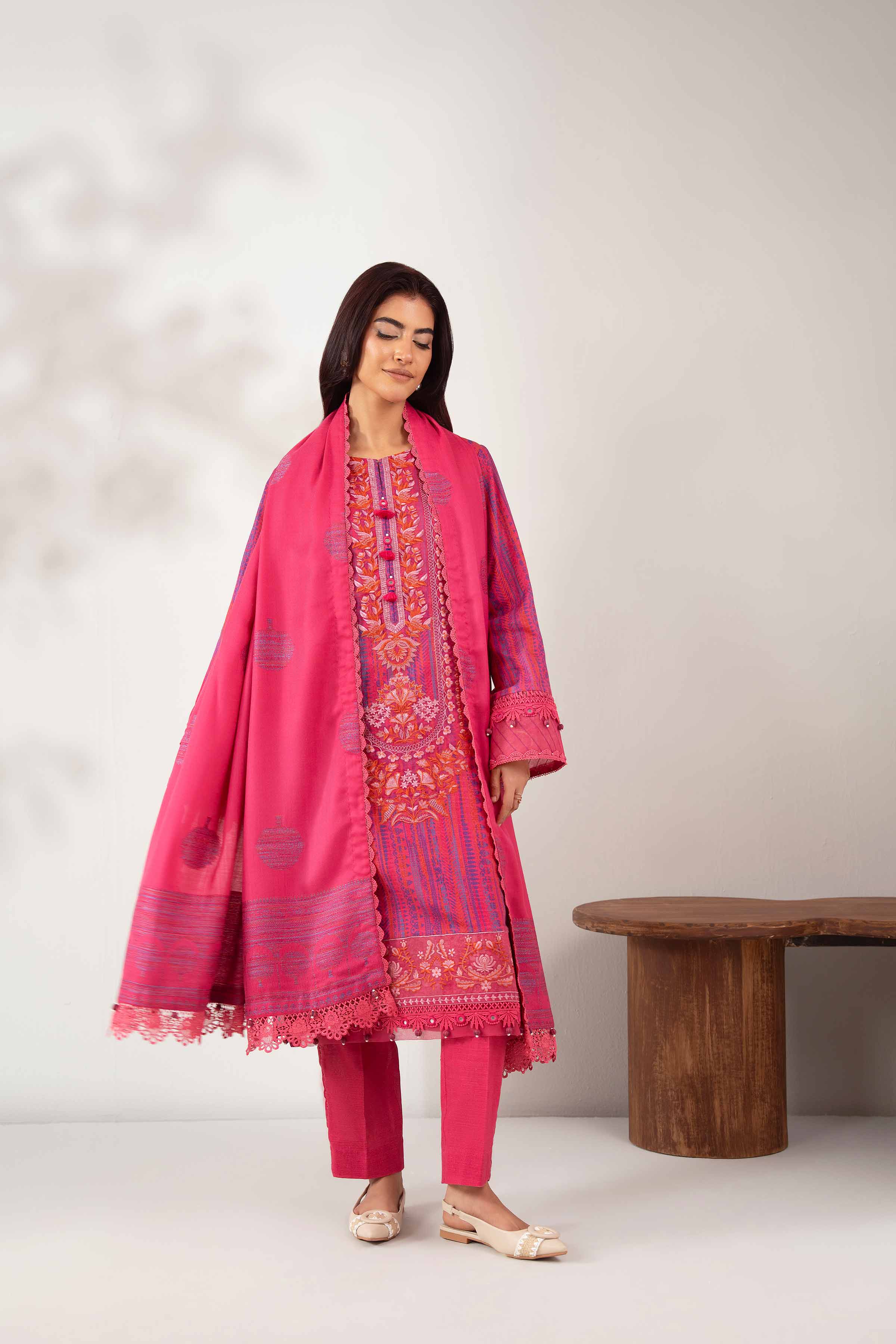 NISHATUAE - Pink Embroidered Khaddar 3-piece Unstitched Suit