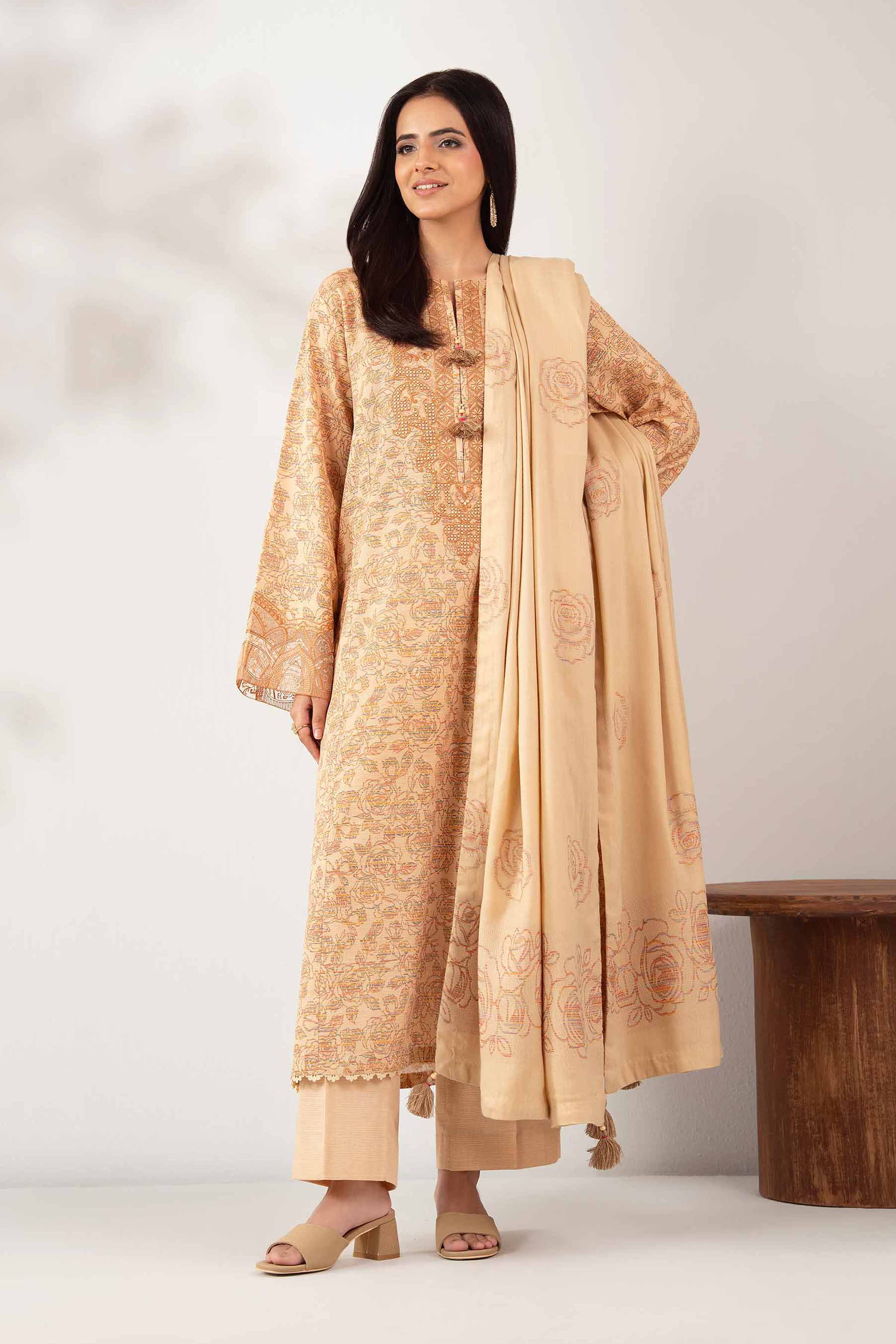 NISHATUAE - Beige Embroidered Khaddar 3-piece Unstitched Suit