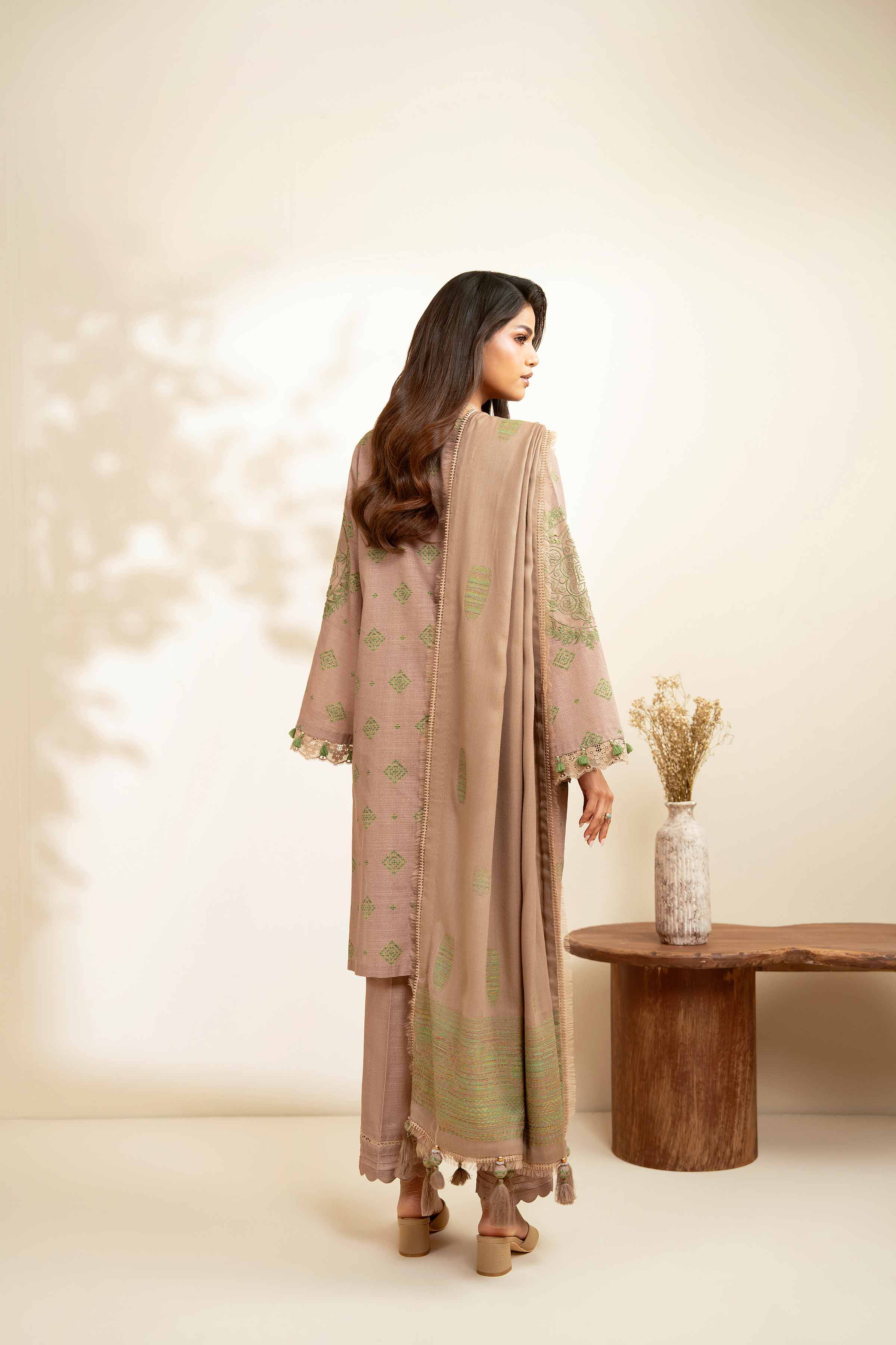 NISHATUAE - Brown Embroidered Khaddar 3-piece Unstitched Suit