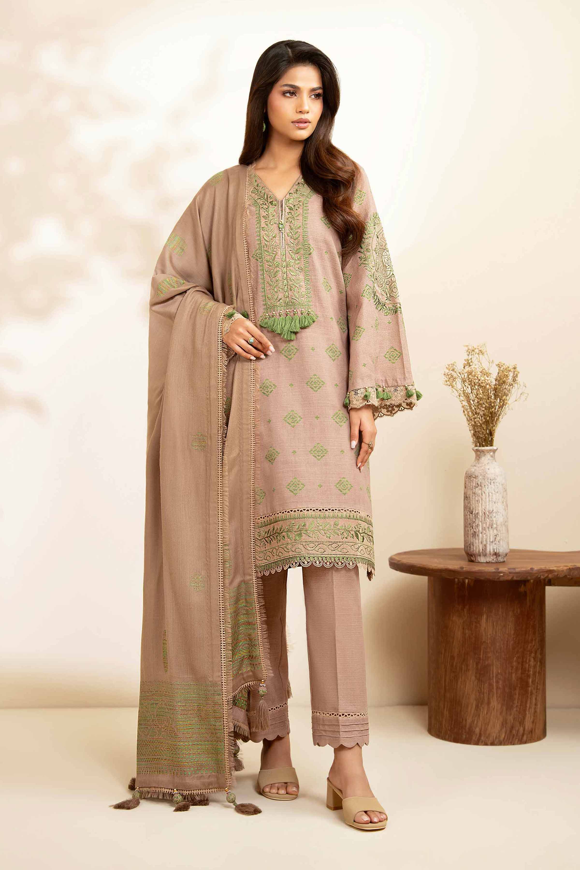 NISHATUAE - Brown Embroidered Khaddar 3-piece Unstitched Suit