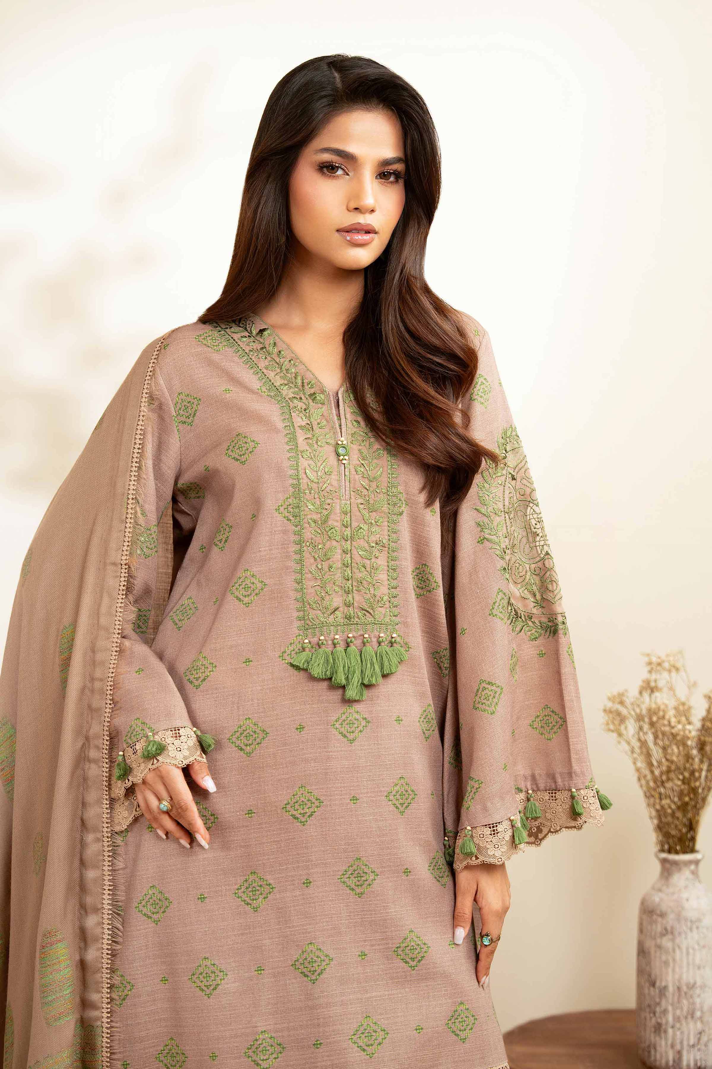 NISHATUAE - Brown Embroidered Khaddar 3-piece Unstitched Suit