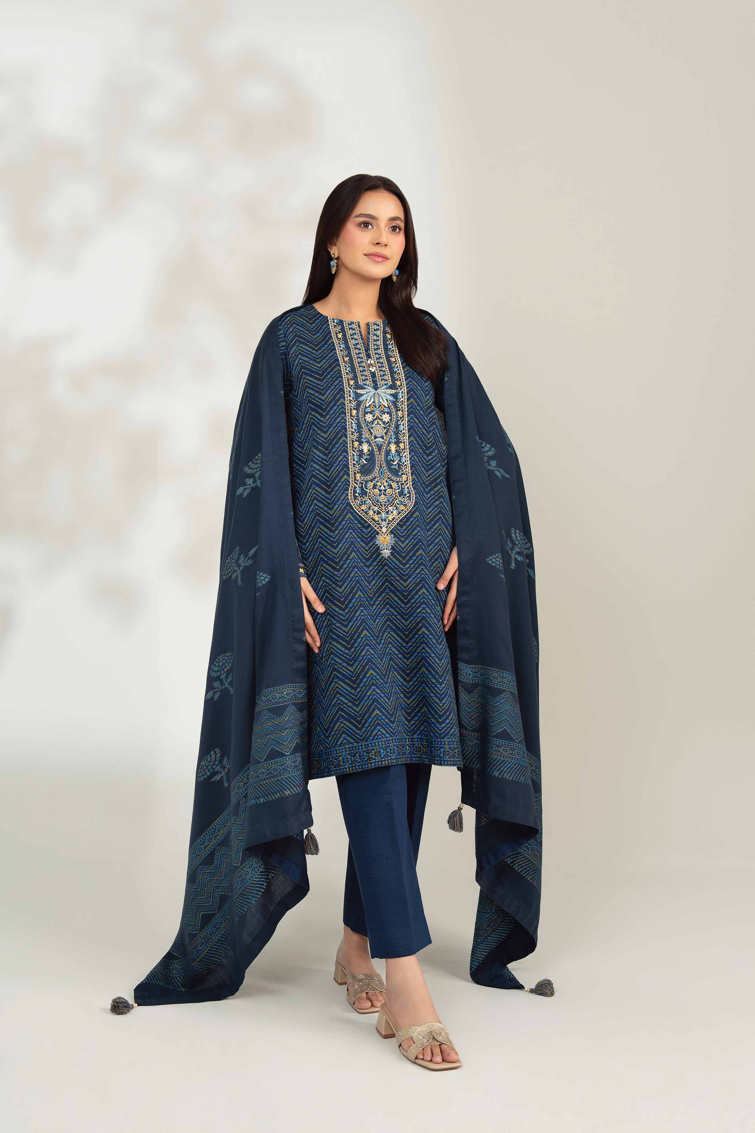 NISHATUAE - Blue Embroidered Khaddar 3-piece Unstitched Suit
