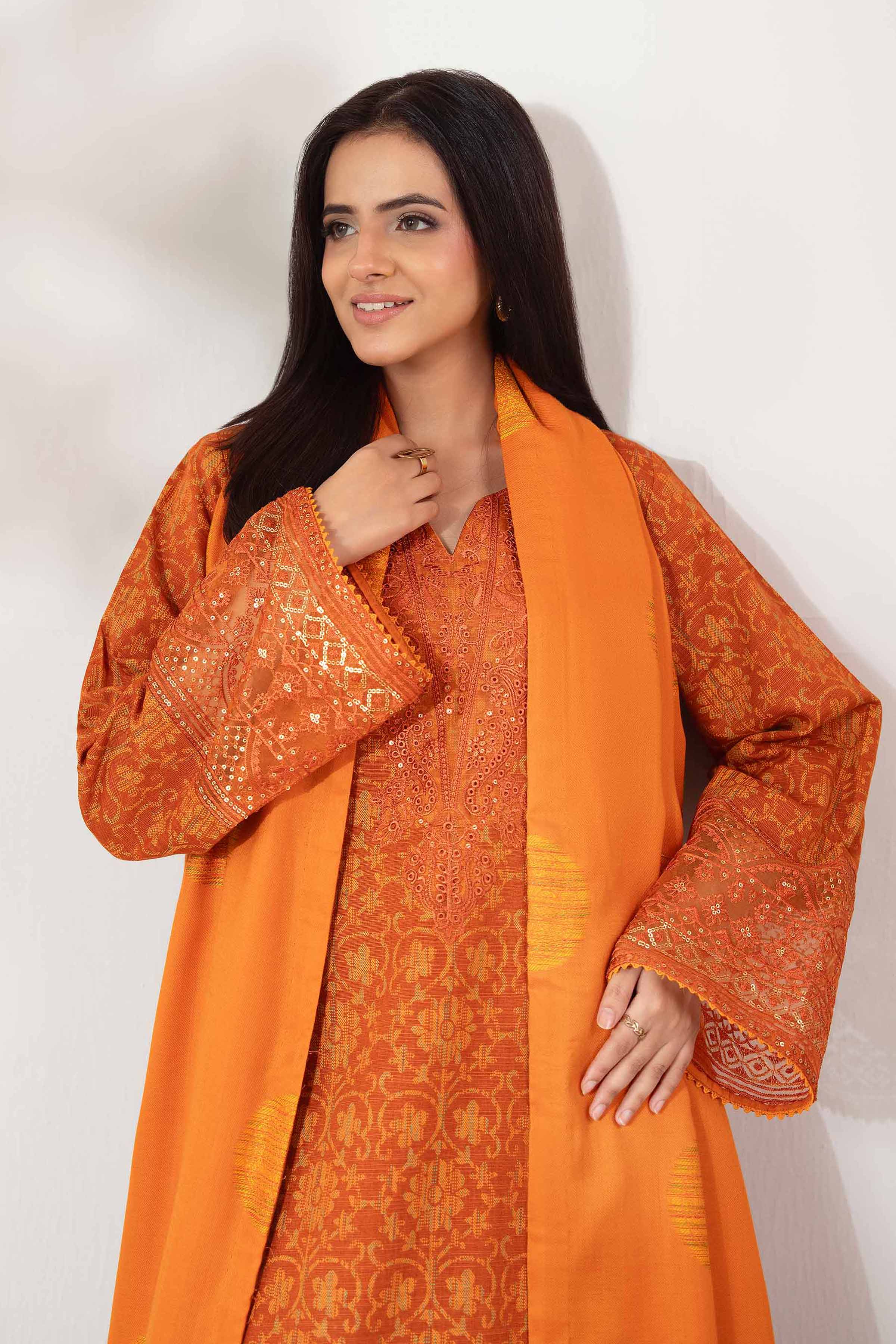 NISHATUAE - Rust Embroidered Khaddar 3-piece Unstitched Suit
