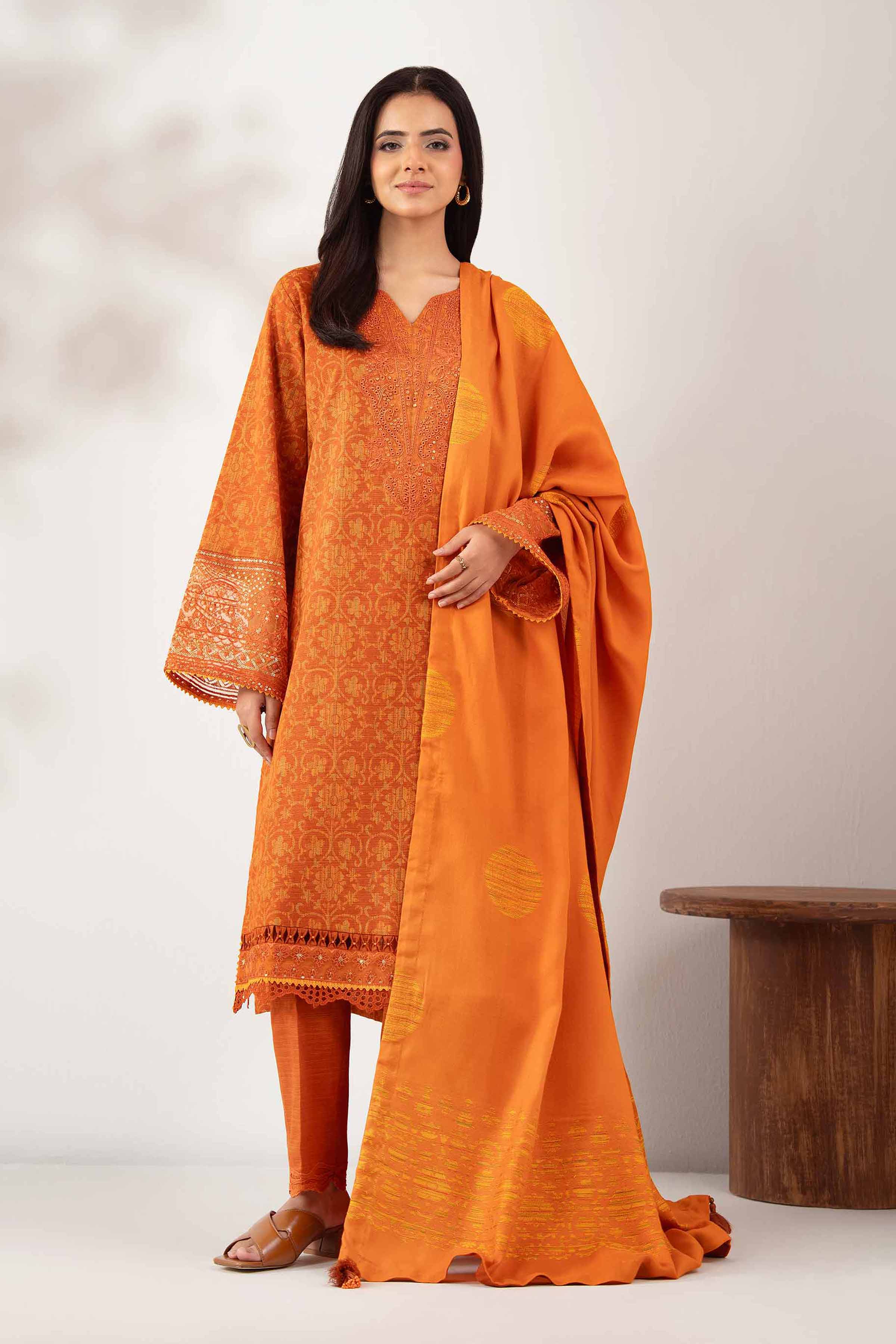 NISHATUAE - Rust Embroidered Khaddar 3-piece Unstitched Suit
