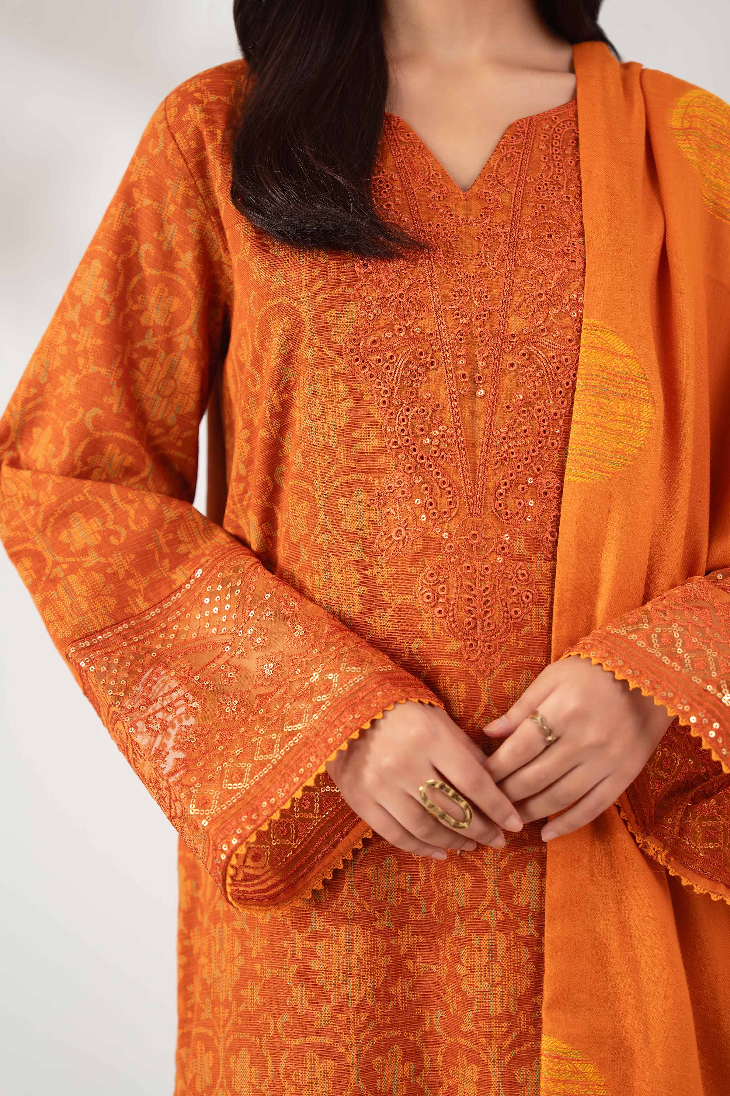 NISHATUAE - Rust Embroidered Khaddar 3-piece Unstitched Suit