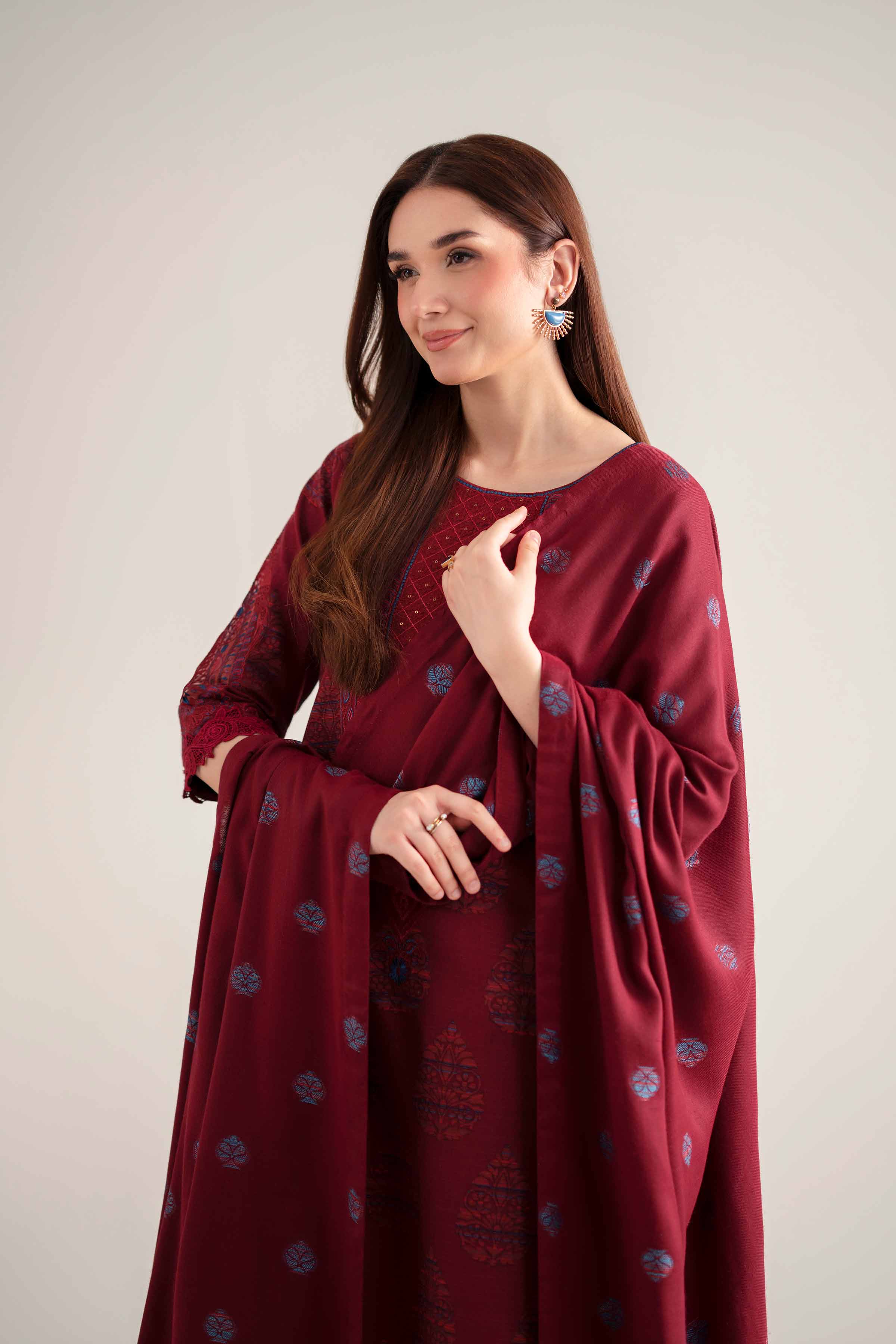 NISHATUAE - Maroon Embroidered Khaddar 3-piece Unstitched Suit