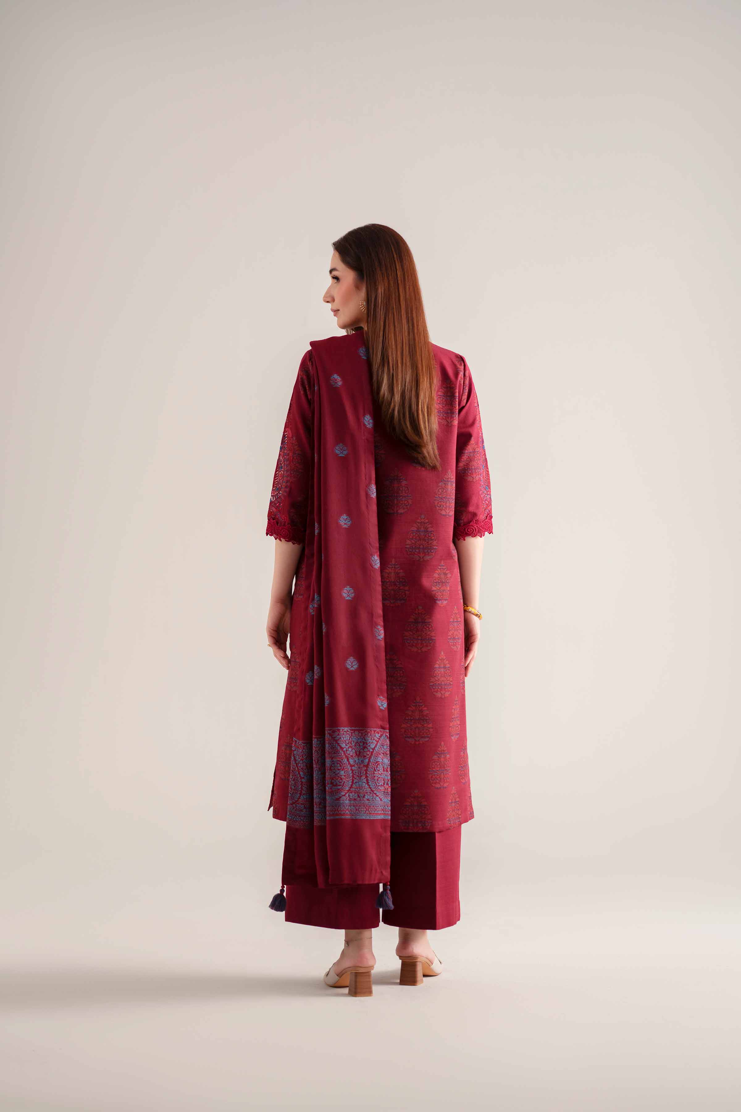 NISHATUAE - Maroon Embroidered Khaddar 3-piece Unstitched Suit