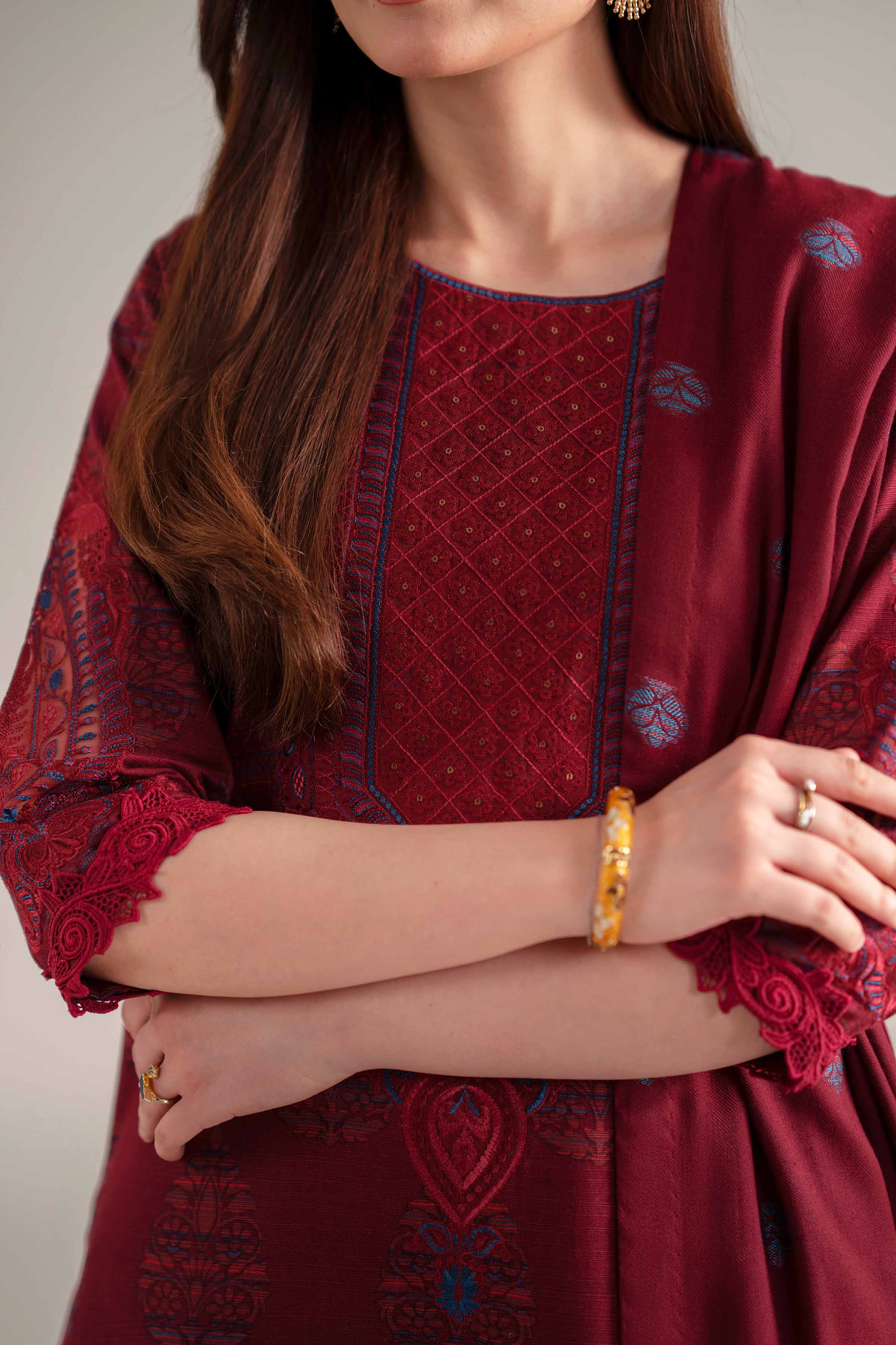 NISHATUAE - Maroon Embroidered Khaddar 3-piece Unstitched Suit