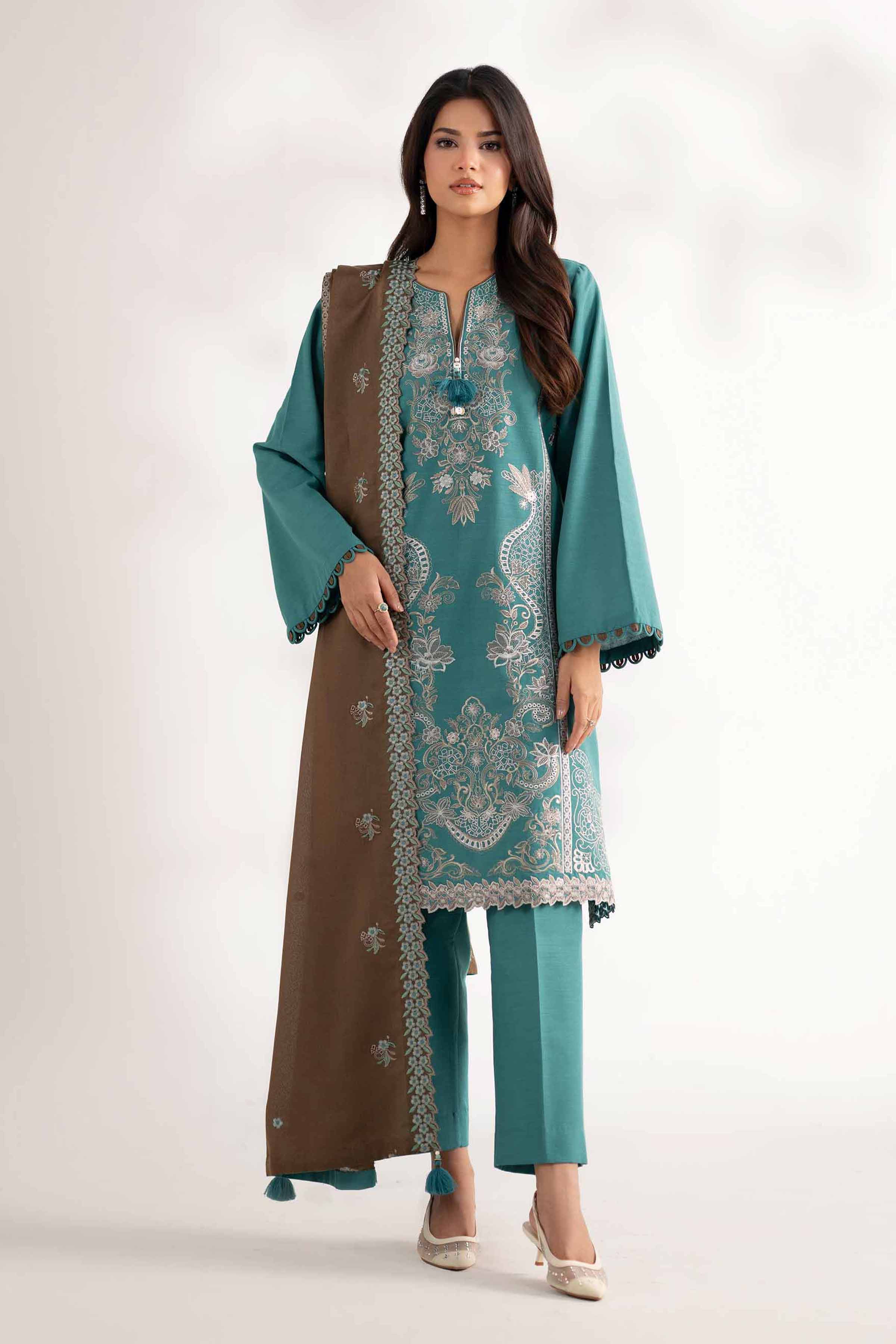 NISHATUAE - Green Embroidered Khaddar 3-piece Unstitched Suit