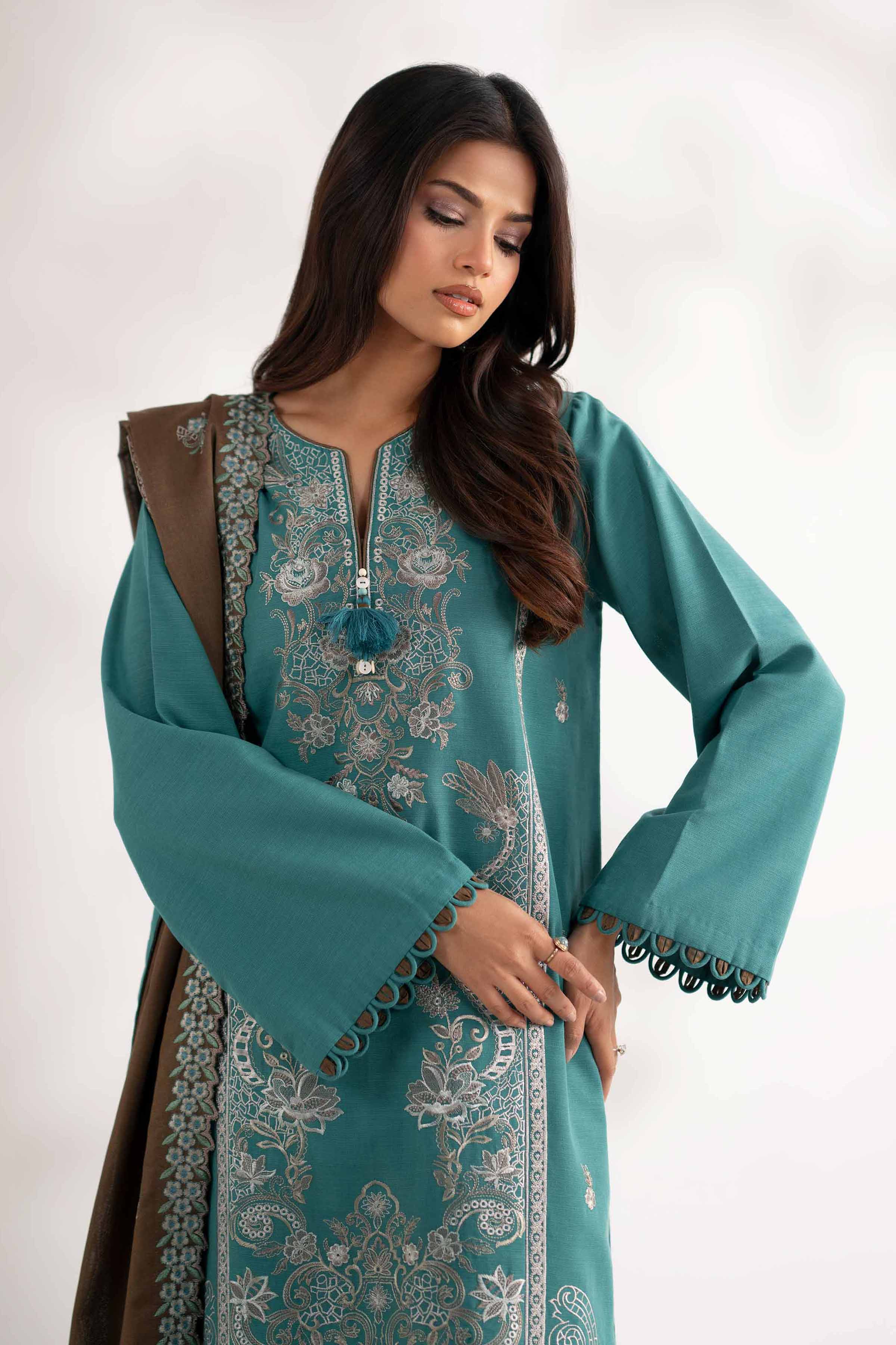 NISHATUAE - Green Embroidered Khaddar 3-piece Unstitched Suit