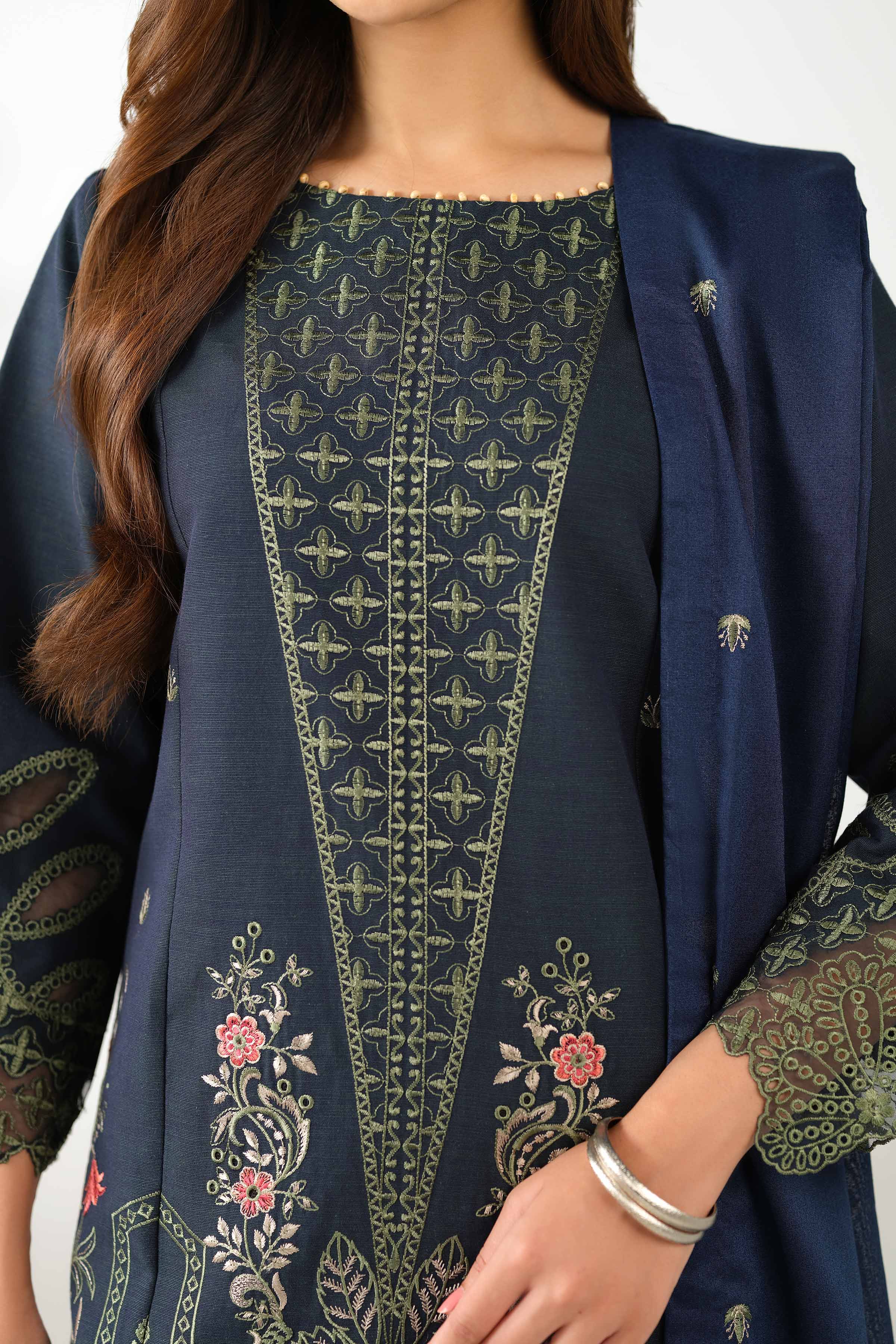 NISHATUAE - Blue Embroidered Khaddar 3-piece Unstitched Suit