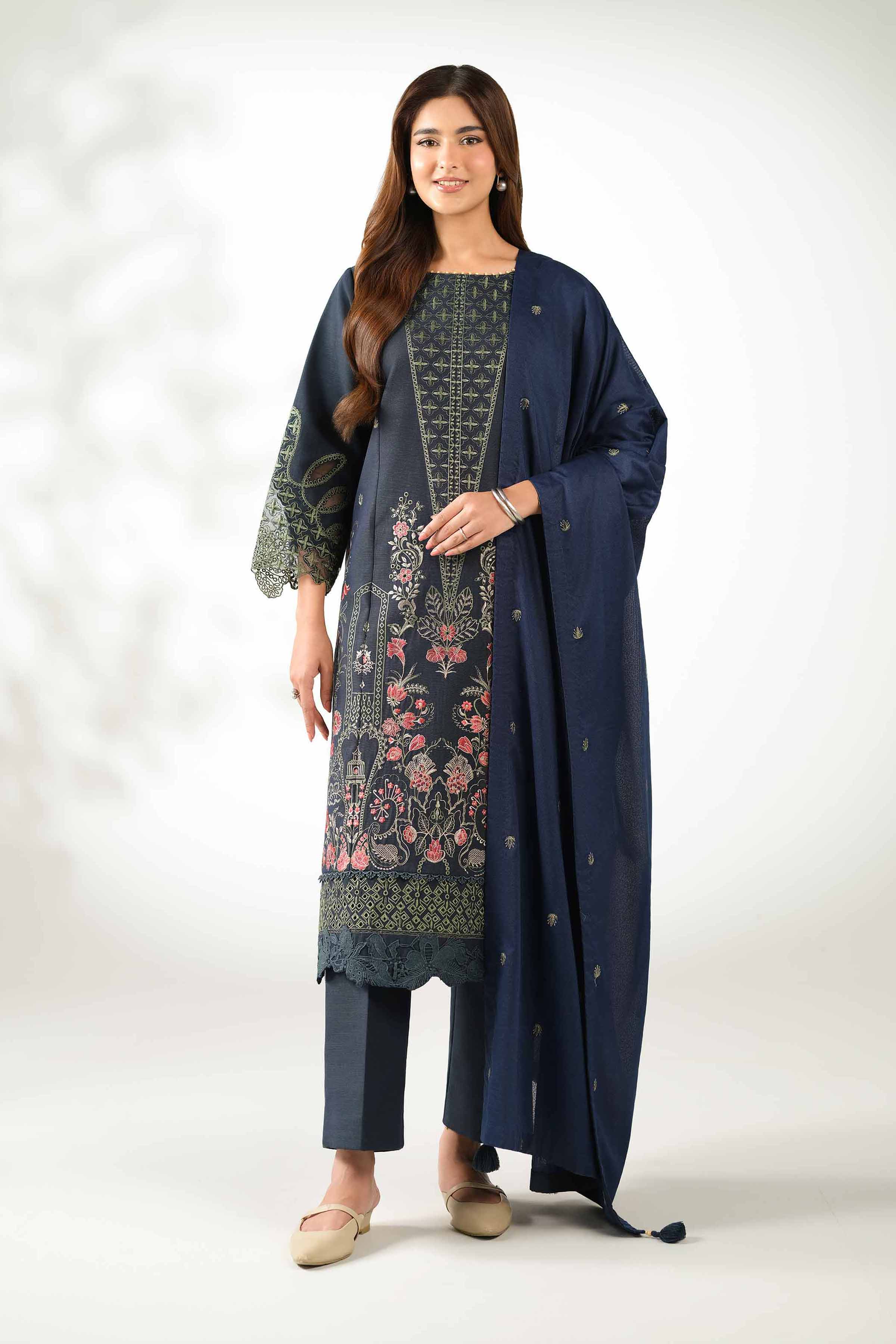 NISHATUAE - Blue Embroidered Khaddar 3-piece Unstitched Suit
