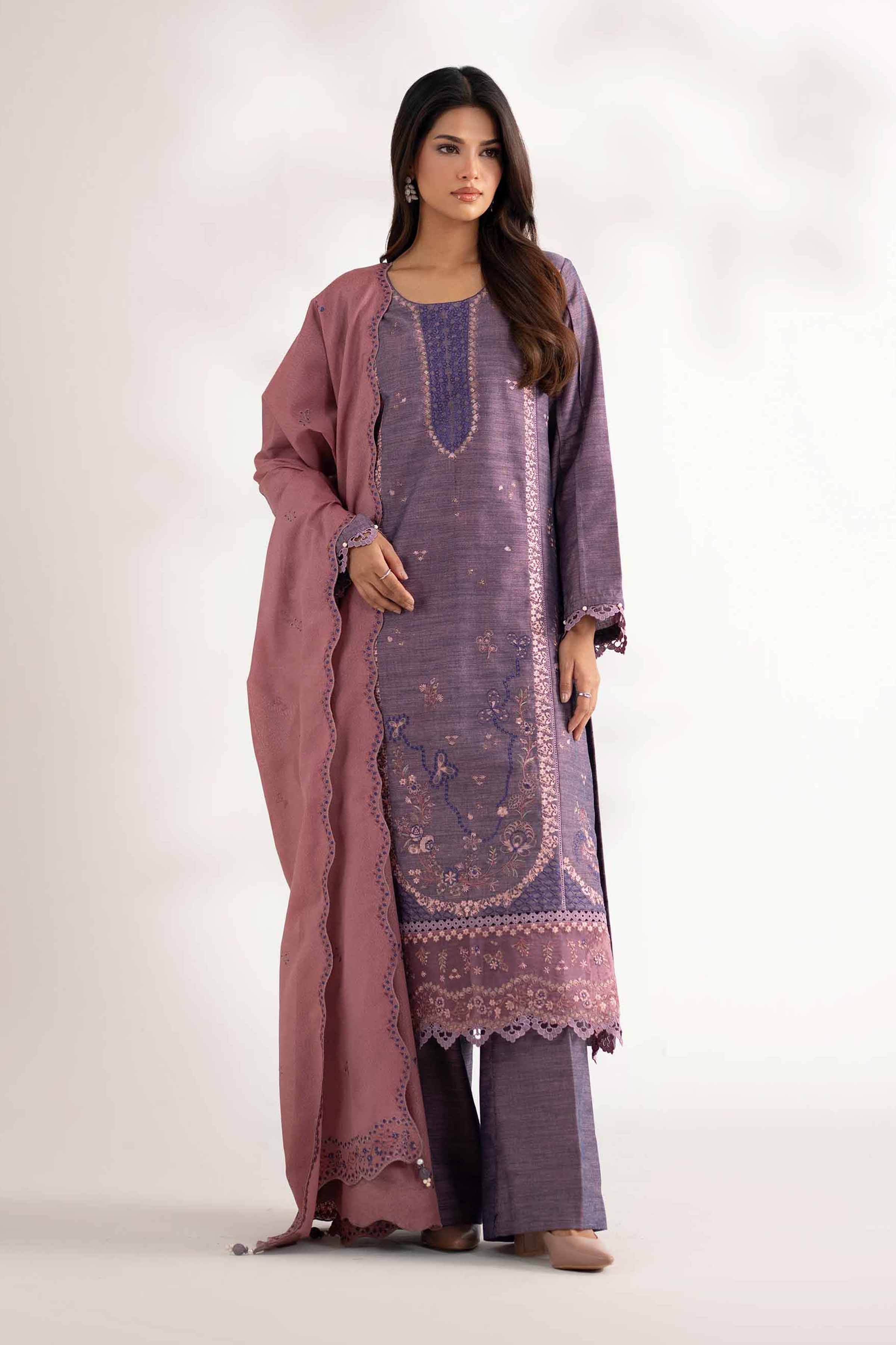 NISHATUAE - Pink Embroidered Khaddar 3-piece Unstitched Suit