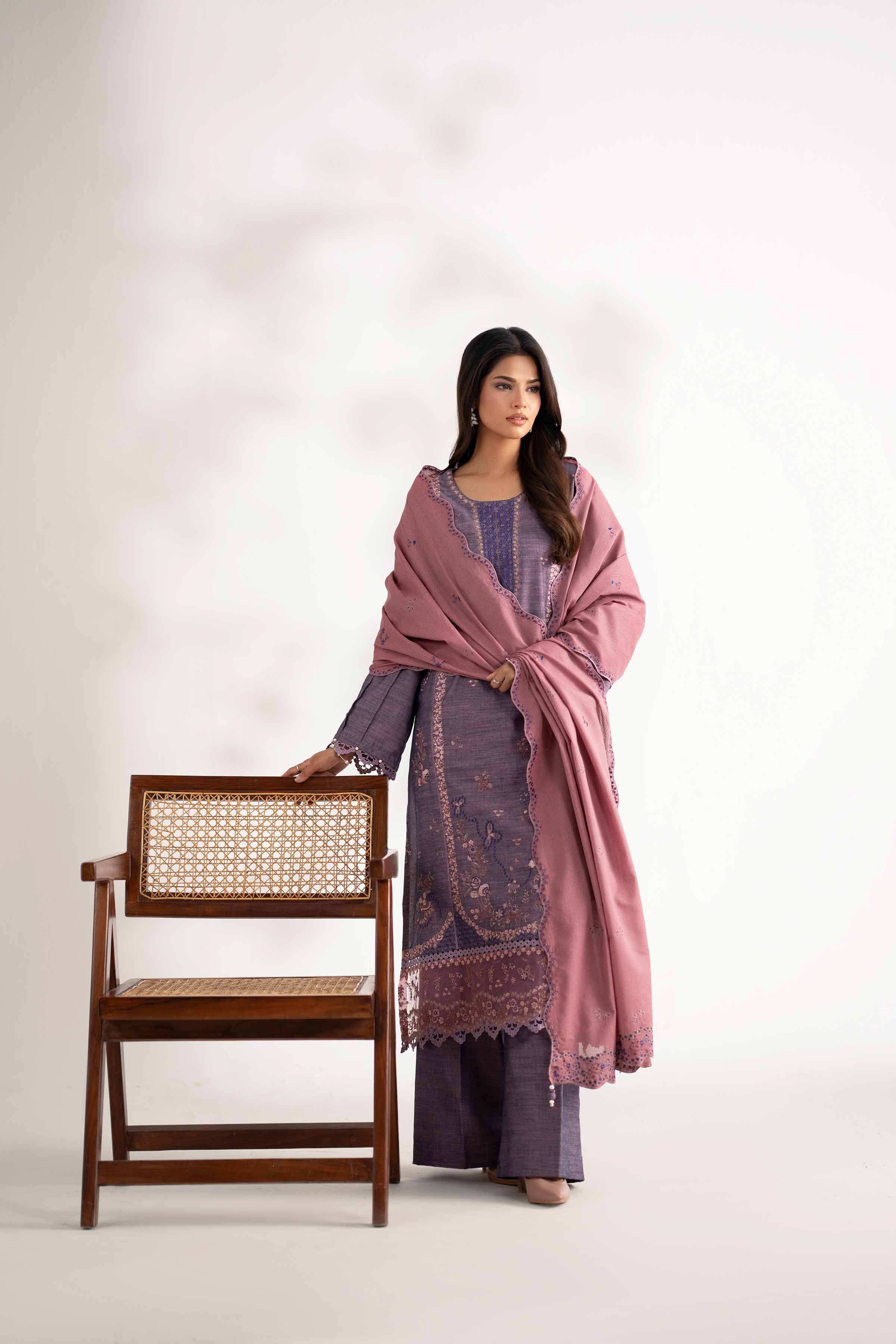NISHATUAE - Pink Embroidered Khaddar 3-piece Unstitched Suit