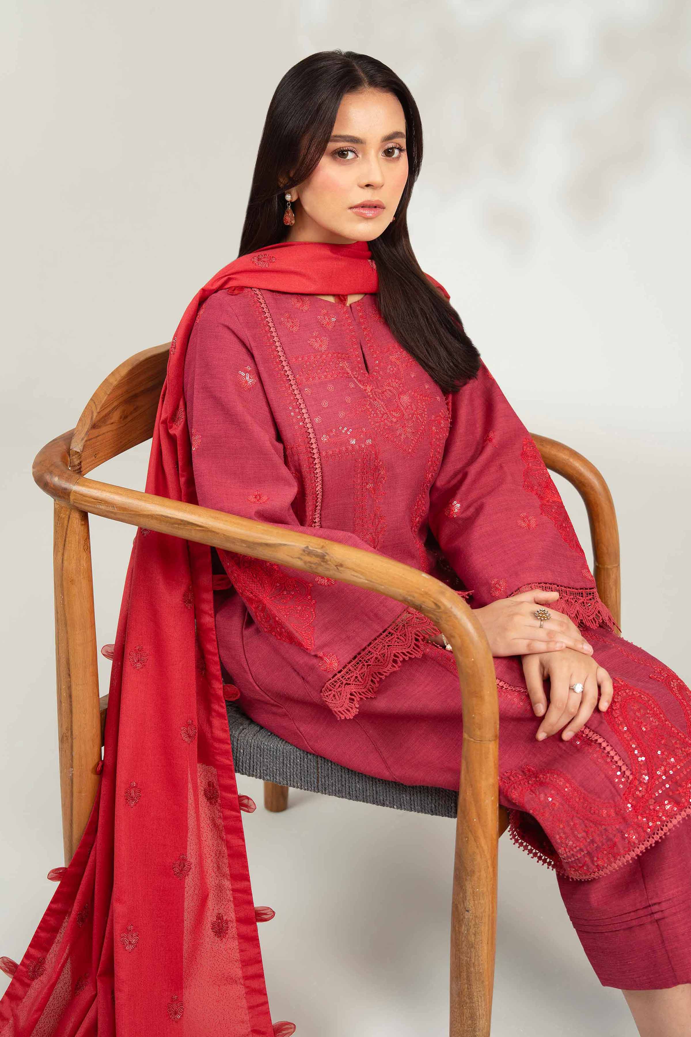 NISHATUAE - Red Embroidered Khaddar 3-piece Unstitched Suit