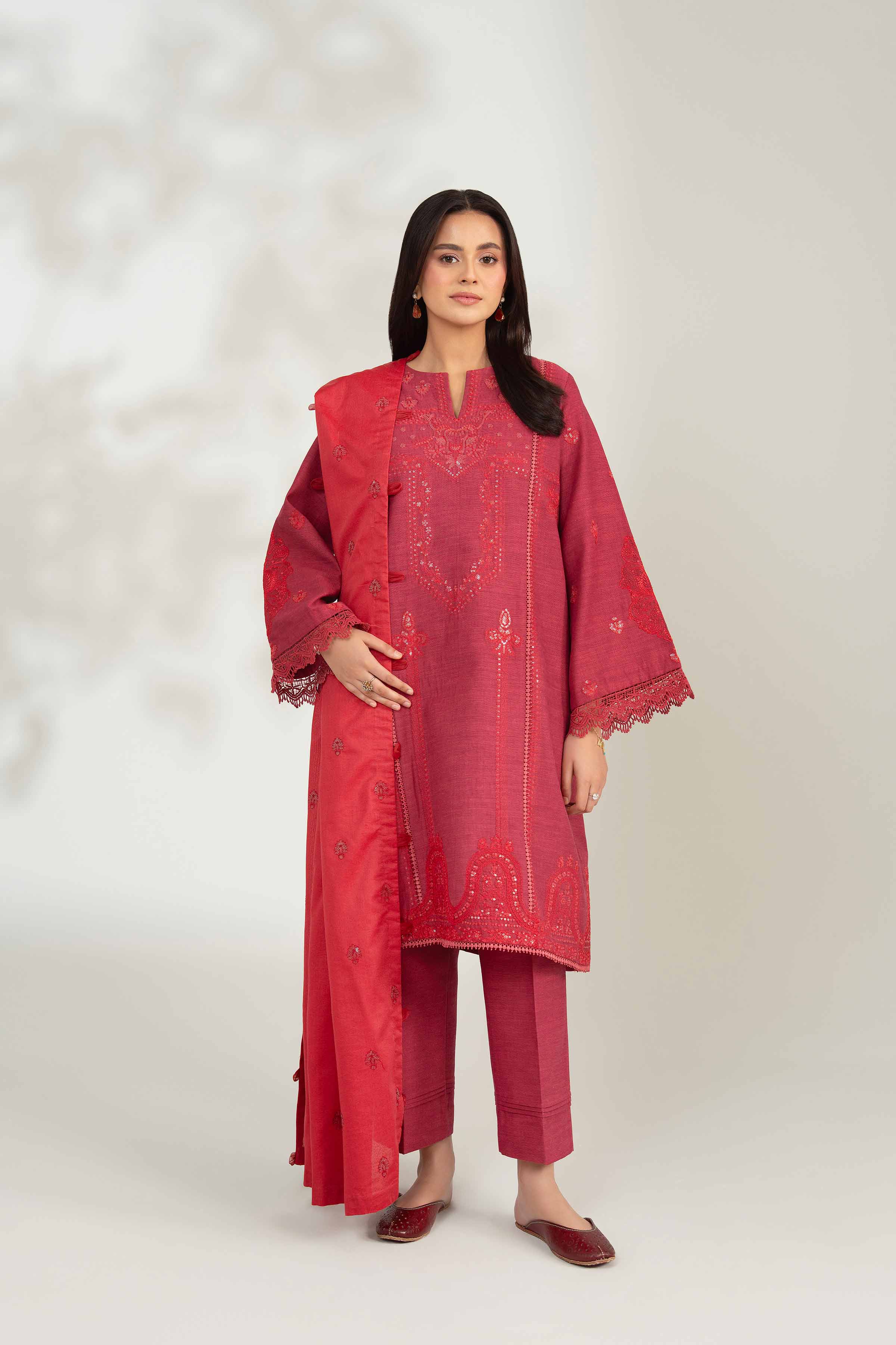 NISHATUAE - Red Embroidered Khaddar 3-piece Unstitched Suit