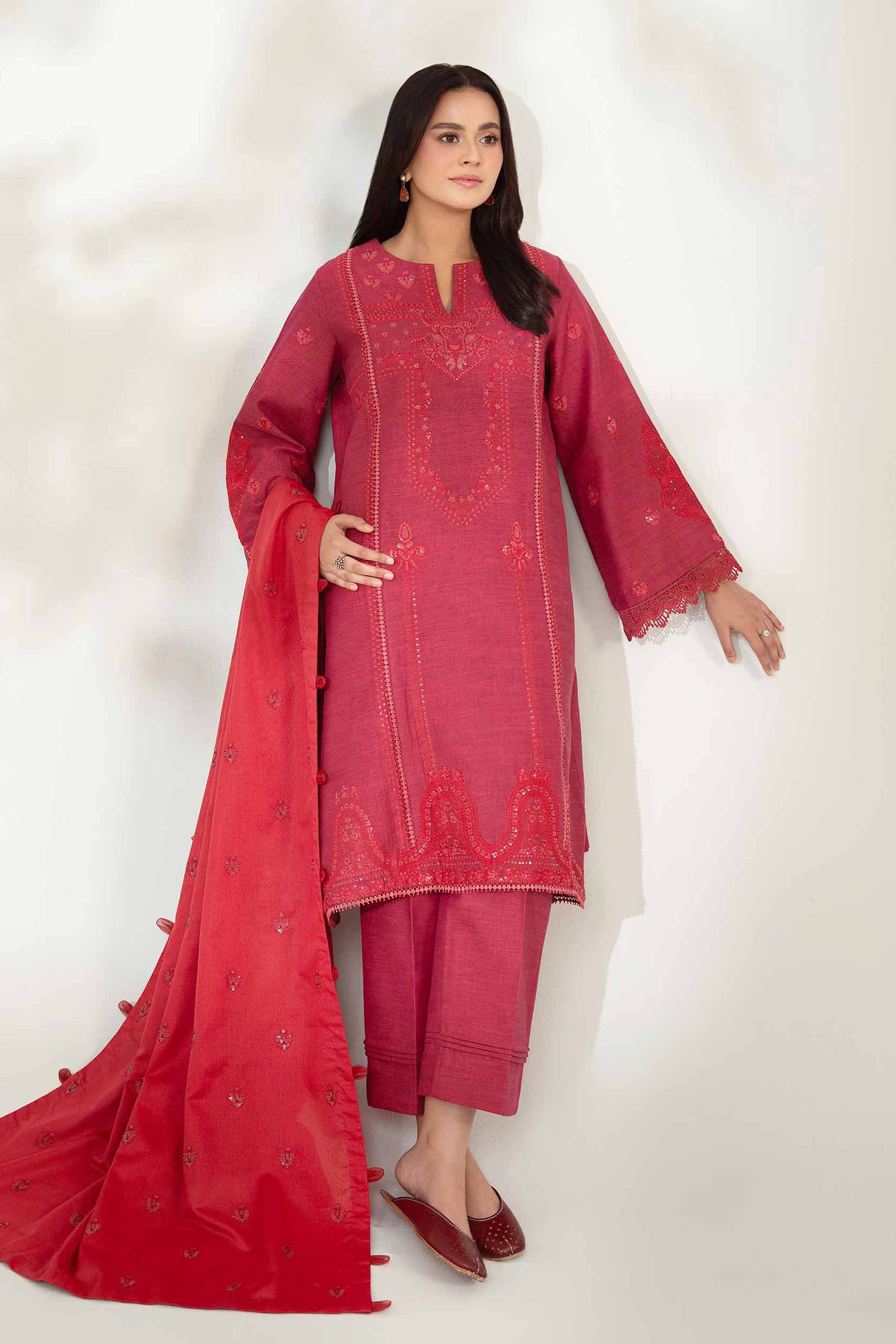 NISHATUAE - Red Embroidered Khaddar 3-piece Unstitched Suit