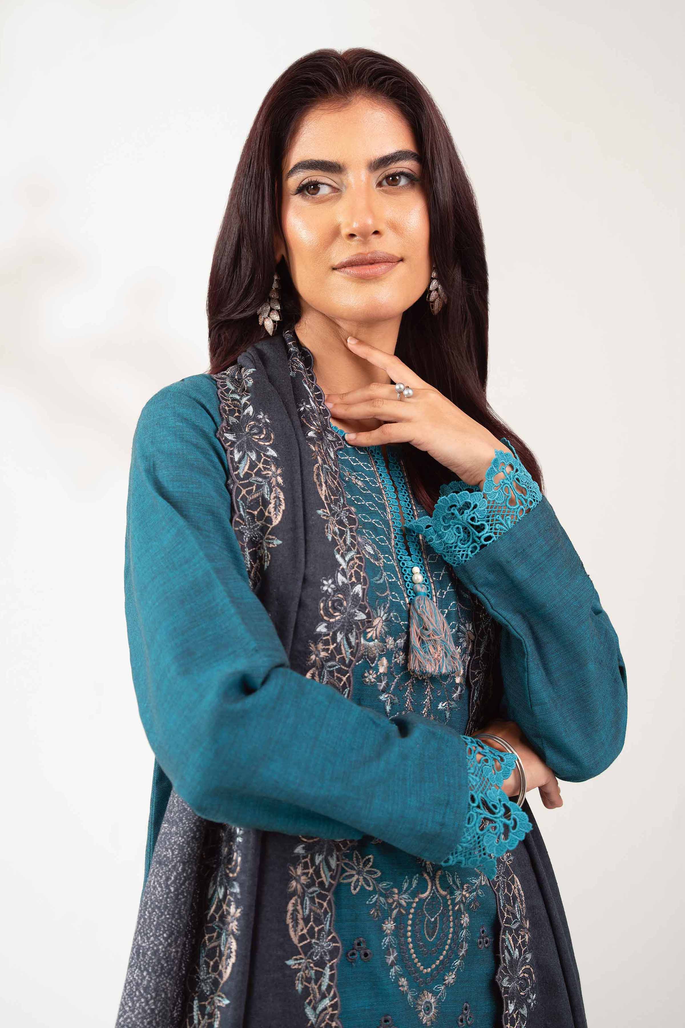 NISHATUAE - Blue Embroidered Khaddar 3-piece Unstitched Suit