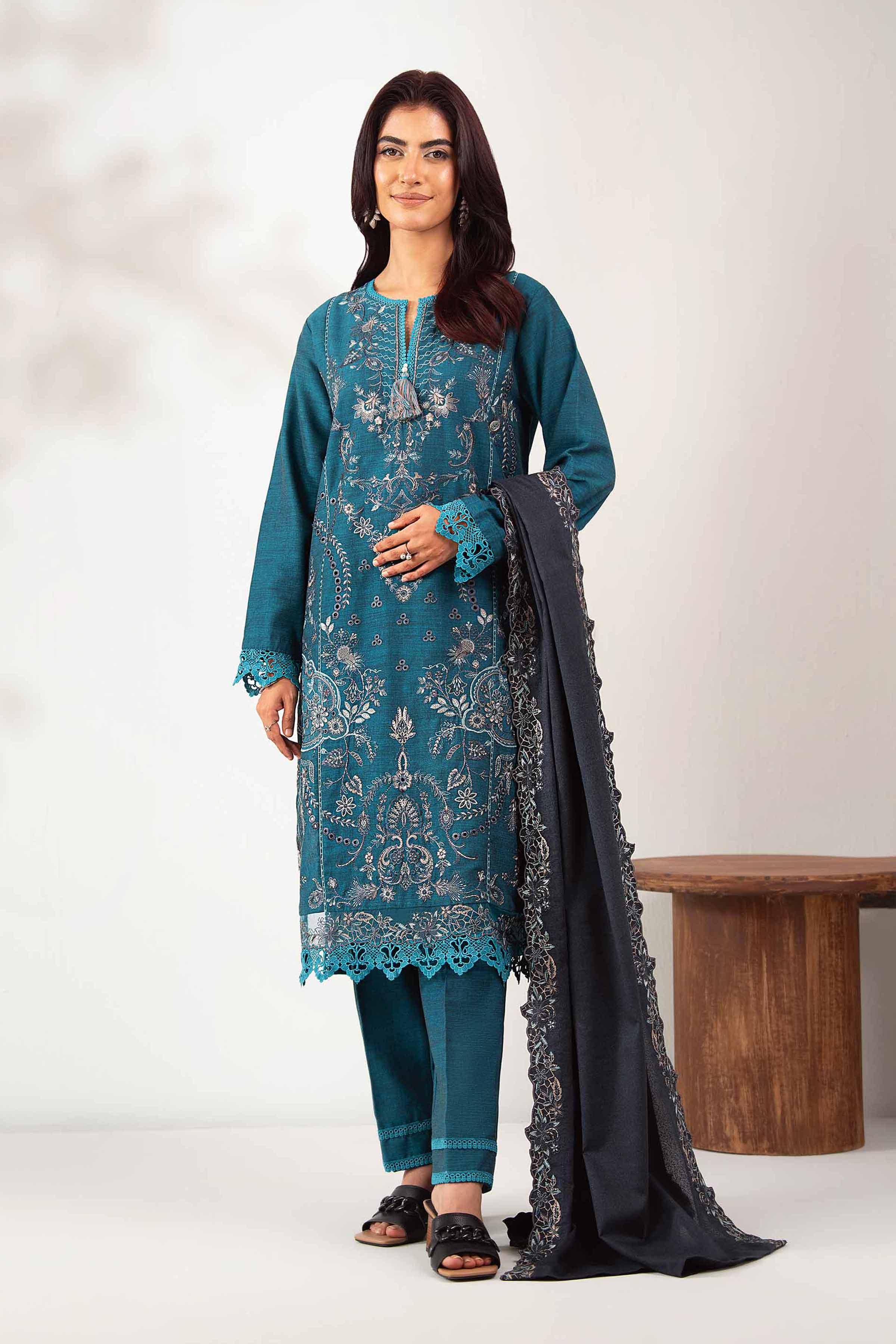 NISHATUAE - Blue Embroidered Khaddar 3-piece Unstitched Suit