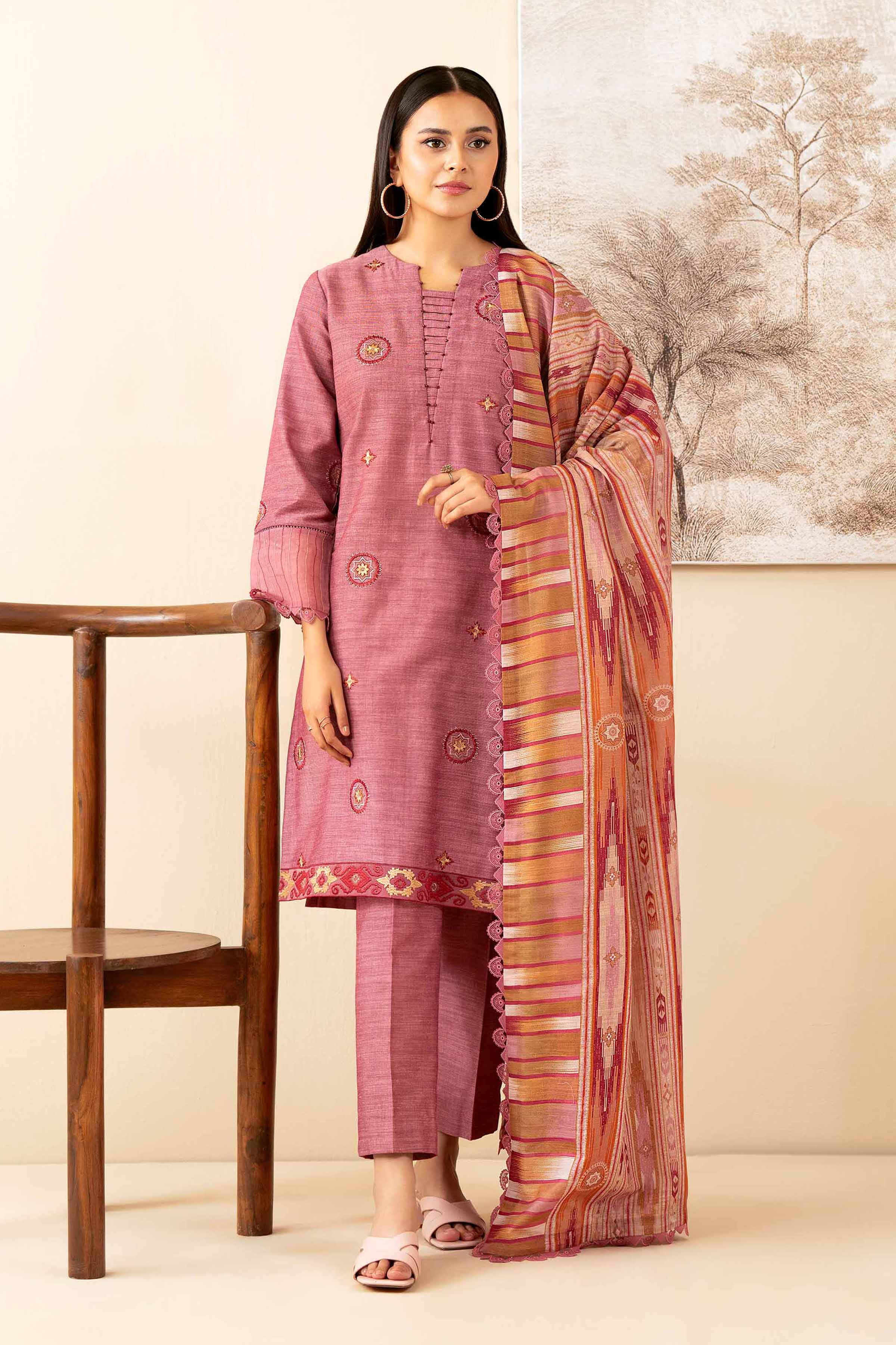 NISHATUAE - Pink Embroidered Khaddar 3-piece Unstitched Suit