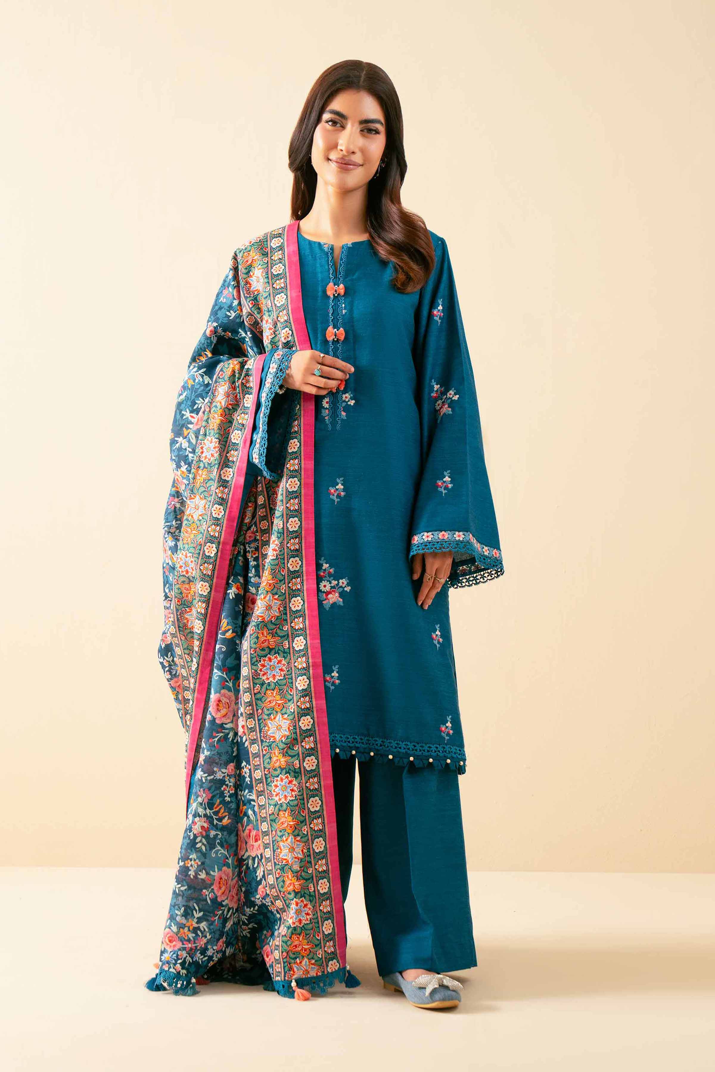 NISHATUAE - Blue Embroidered Khaddar 3-piece Unstitched Suit