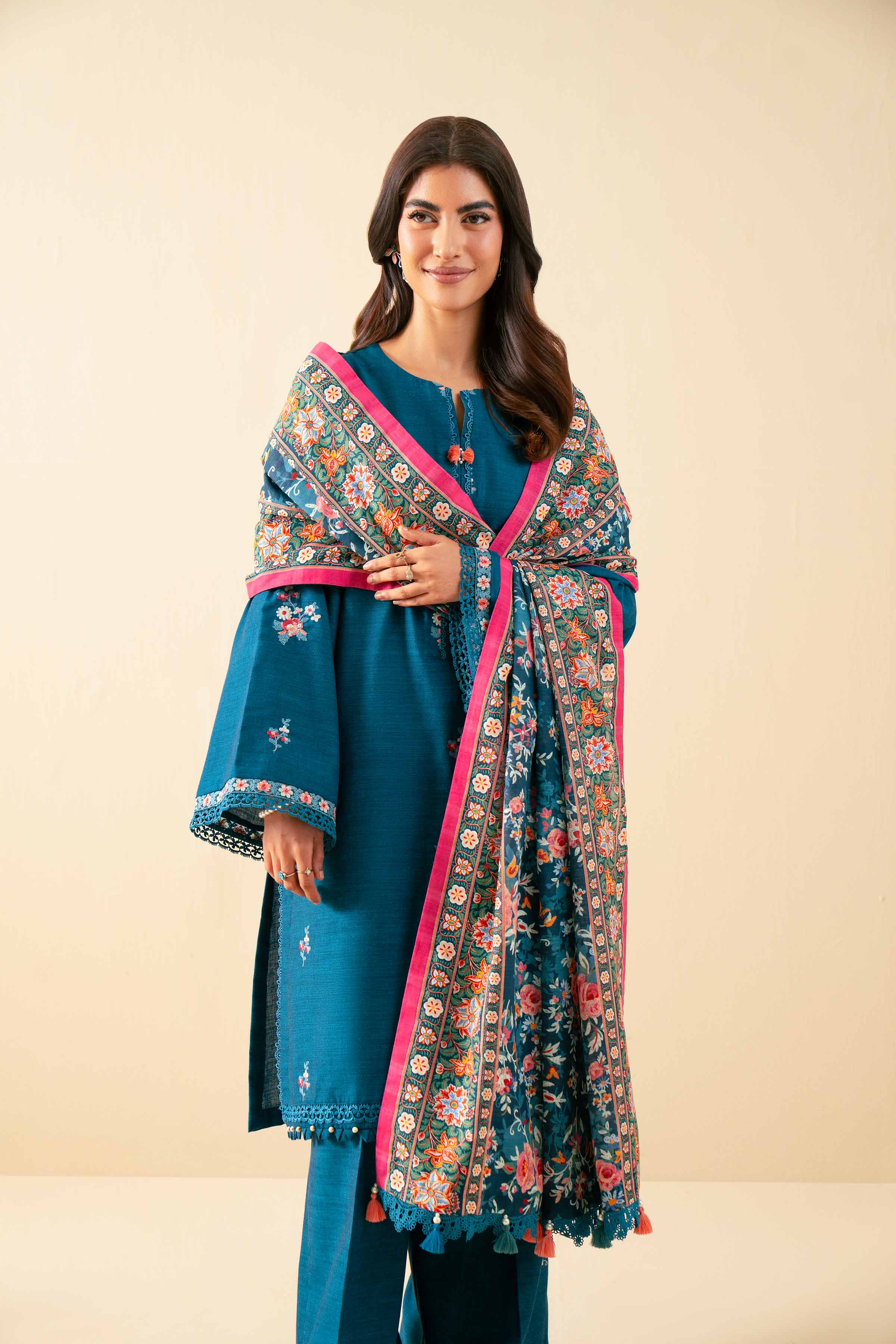 NISHATUAE - Blue Embroidered Khaddar 3-piece Unstitched Suit