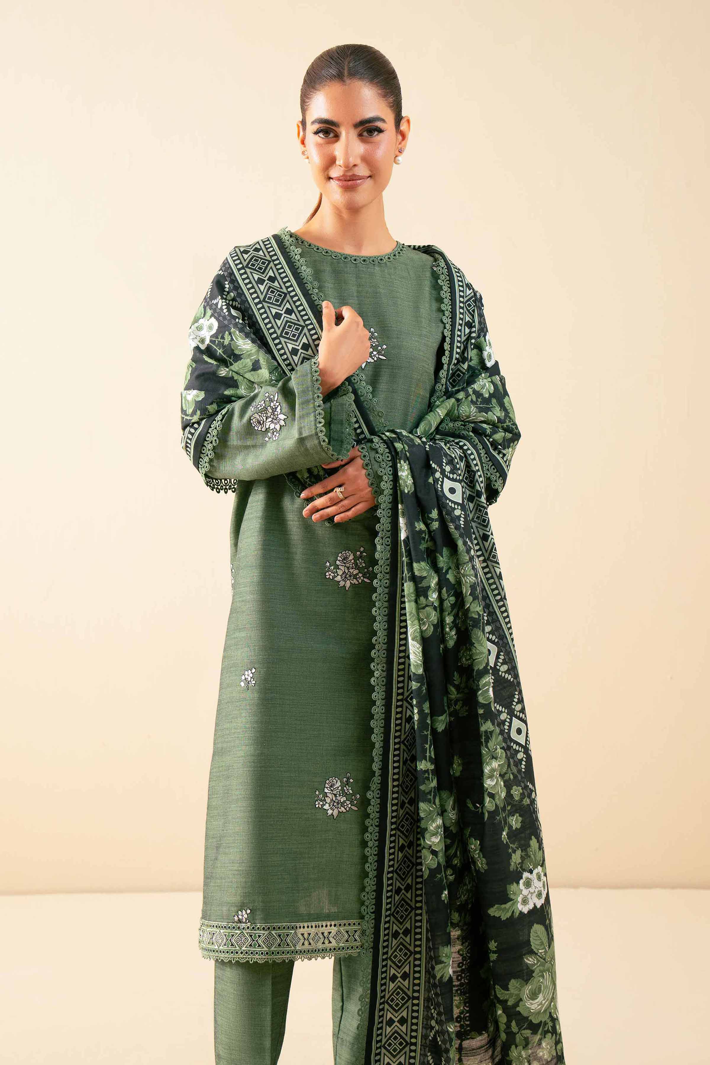 NISHATUAE - Green Embroidered Khaddar 3-piece Unstitched Suit