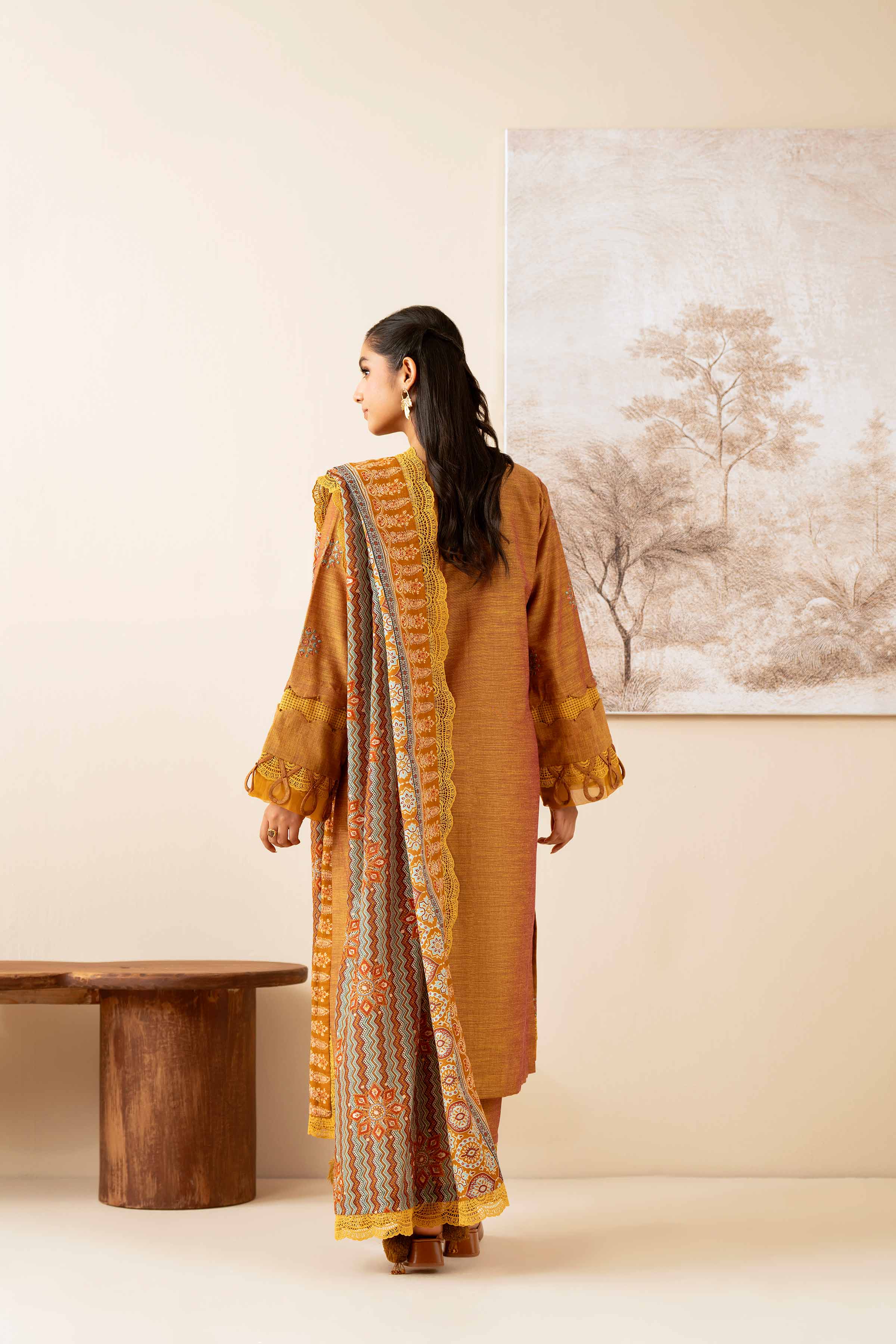 NISHATUAE - Mustard Embroidered Khaddar 3-piece Unstitched Suit