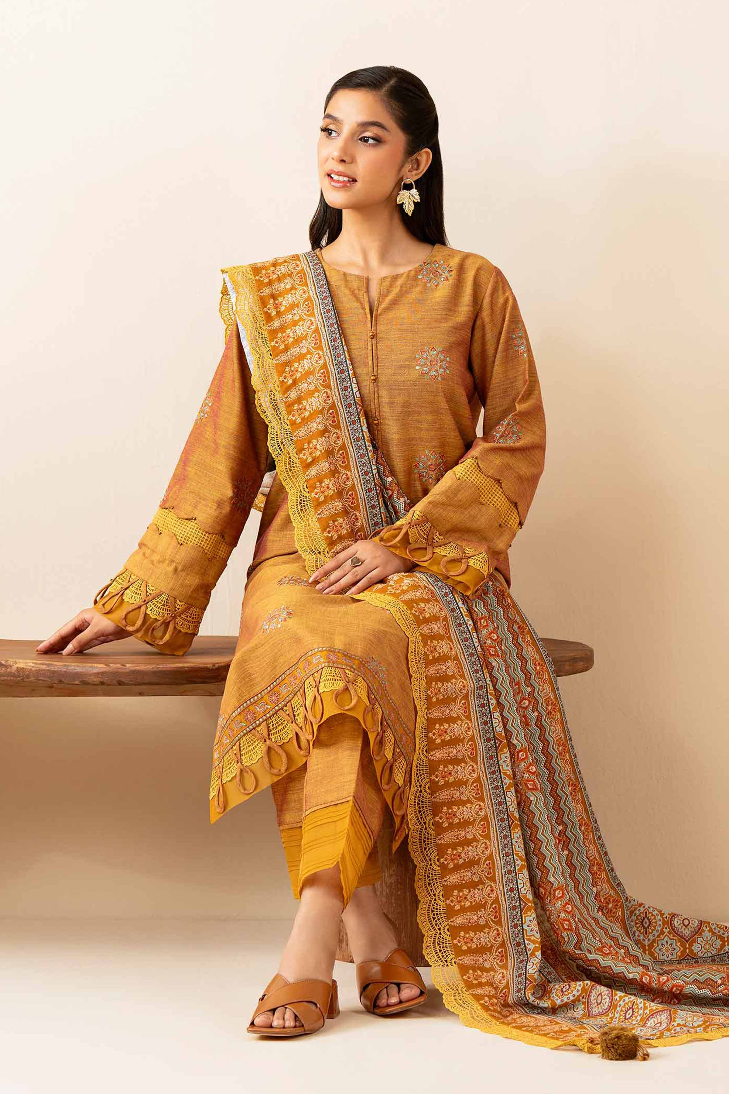 NISHATUAE - Mustard Embroidered Khaddar 3-piece Unstitched Suit