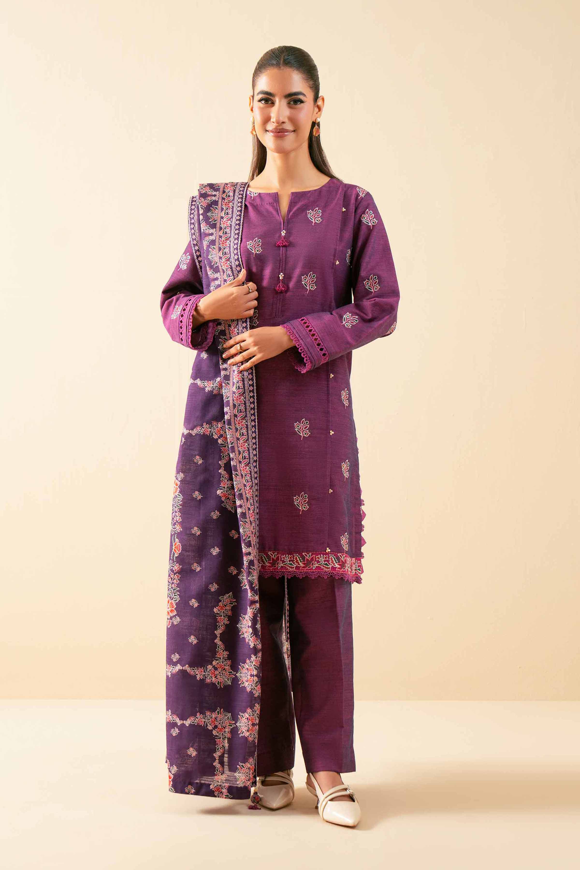 NISHATUAE - Pink Embroidered Khaddar 3-piece Unstitched Suit